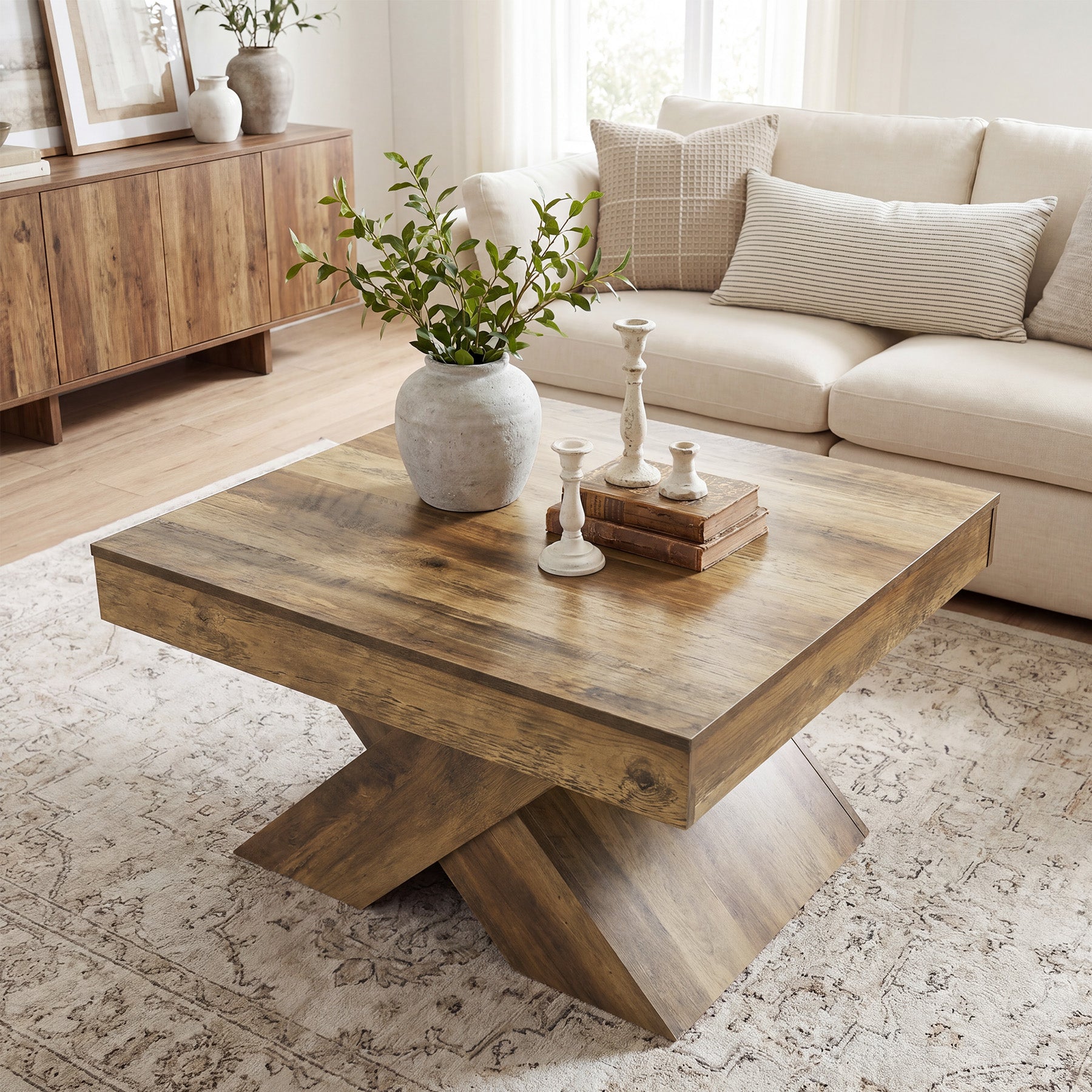 Mesa de centro cuadrada de 80 x 80 cm, Mesa de madera estilo rústico con base en forma de X para sala de estar y espacios pequeños