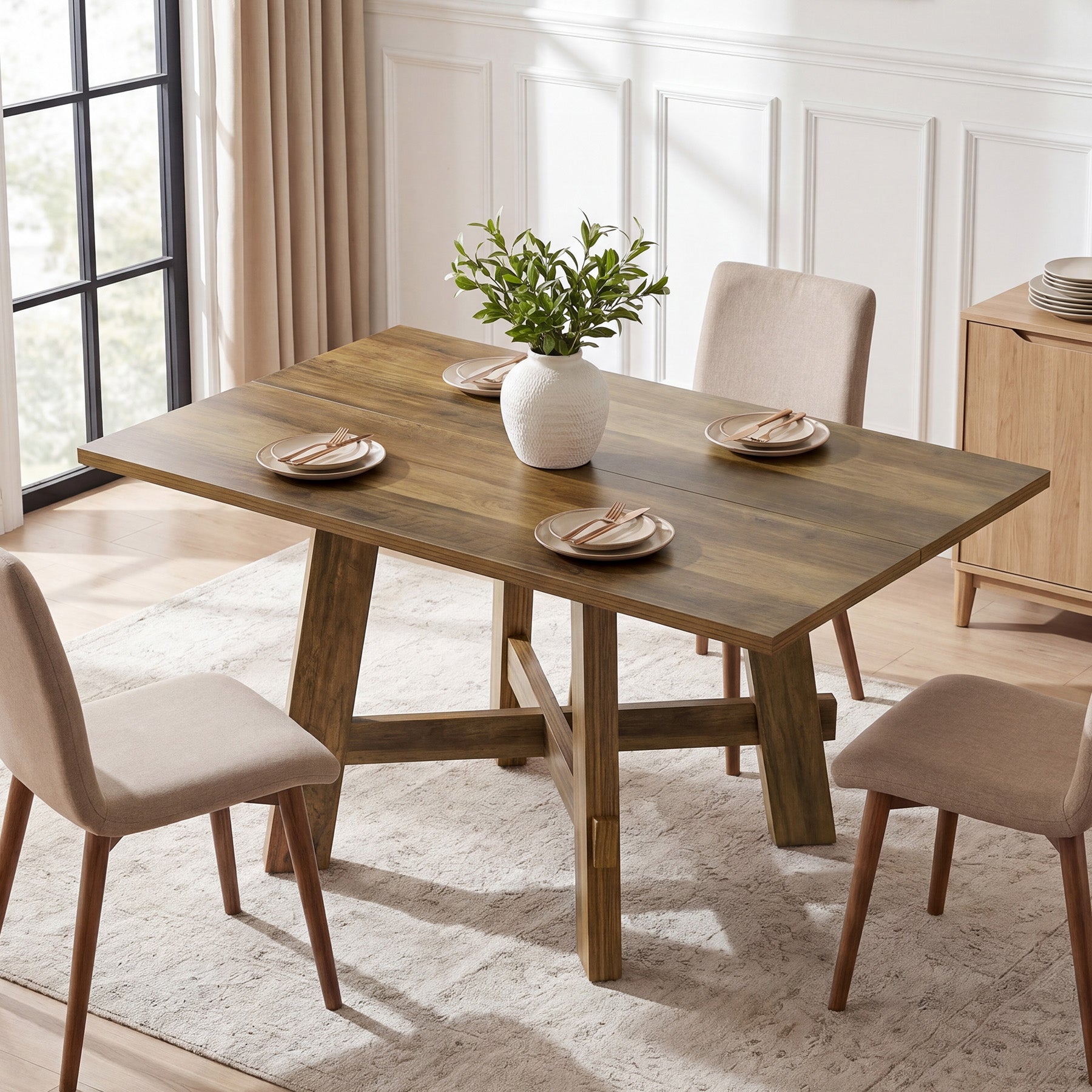 Tribesigns Mesa de comedor rústica de 140 cm para 4 personas con soporte en cruz, Mesa de cocina de madera para apartamento y comedor