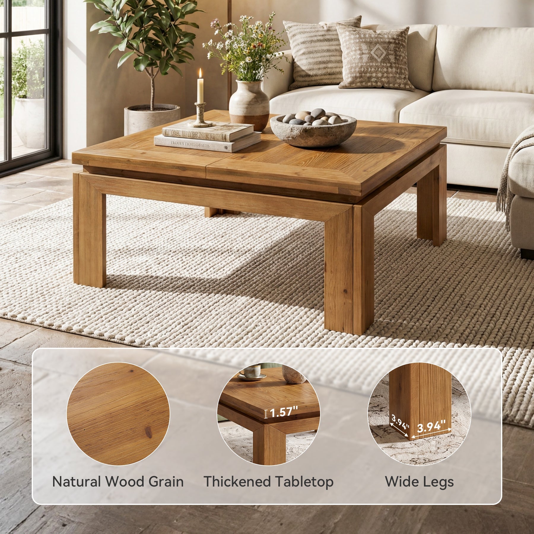 100 x 100 x 46 cm Tribesigns vierkante salontafel van massief hout met verzonken rand, landelijke middentafel voor woonkamer