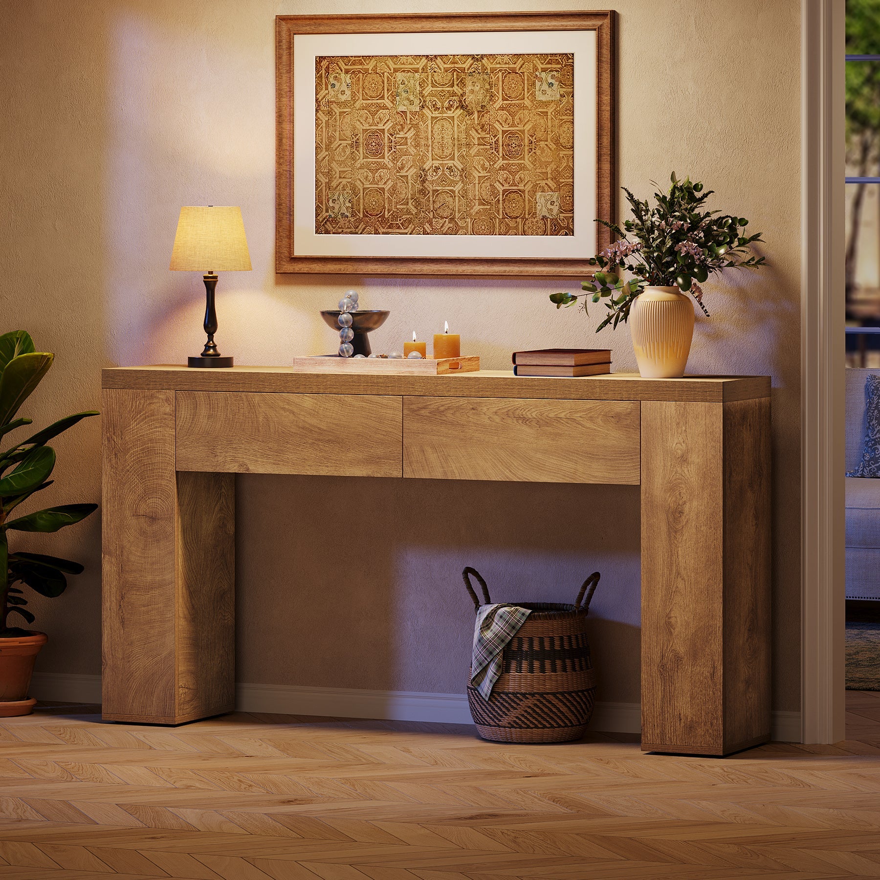 Tribesigns Mesa consola de 160 cm, Mesa de centro estrecha para recibidor con 2 cajones