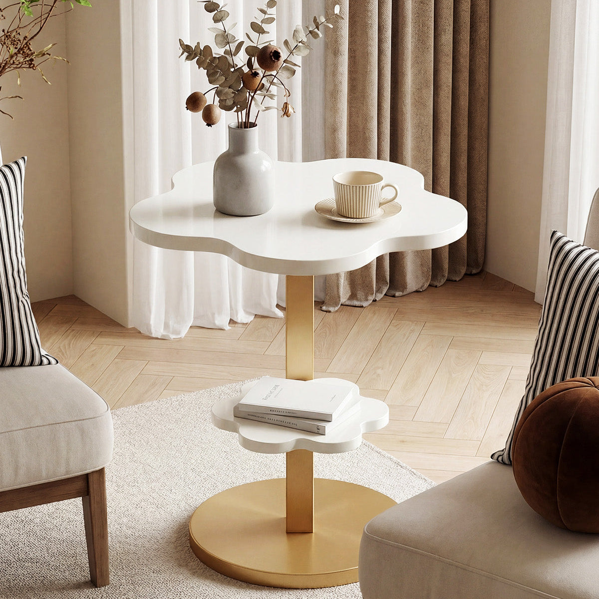 Tribesigns Mesa auxiliar redonda de 2 niveles con estructura en forma de C, Mesita de noche pequeña que ahorra espacio, en blanco y dorado