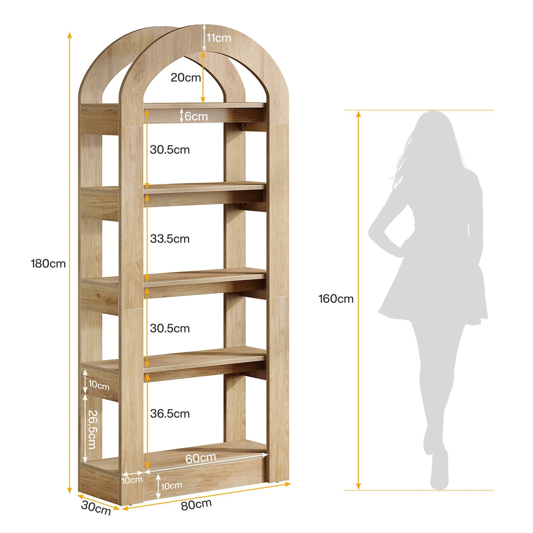 Tribesigns Librería de 5 niveles de 180 cm, librería de madera con forma de arco