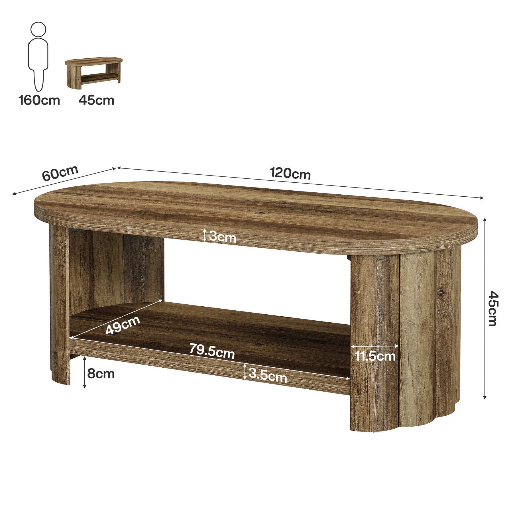 Tribesigns Mesa de centro ovalada de 120 cm con compartimento de almacenamiento, Mesa de salón de estilo rústico con base acanalada