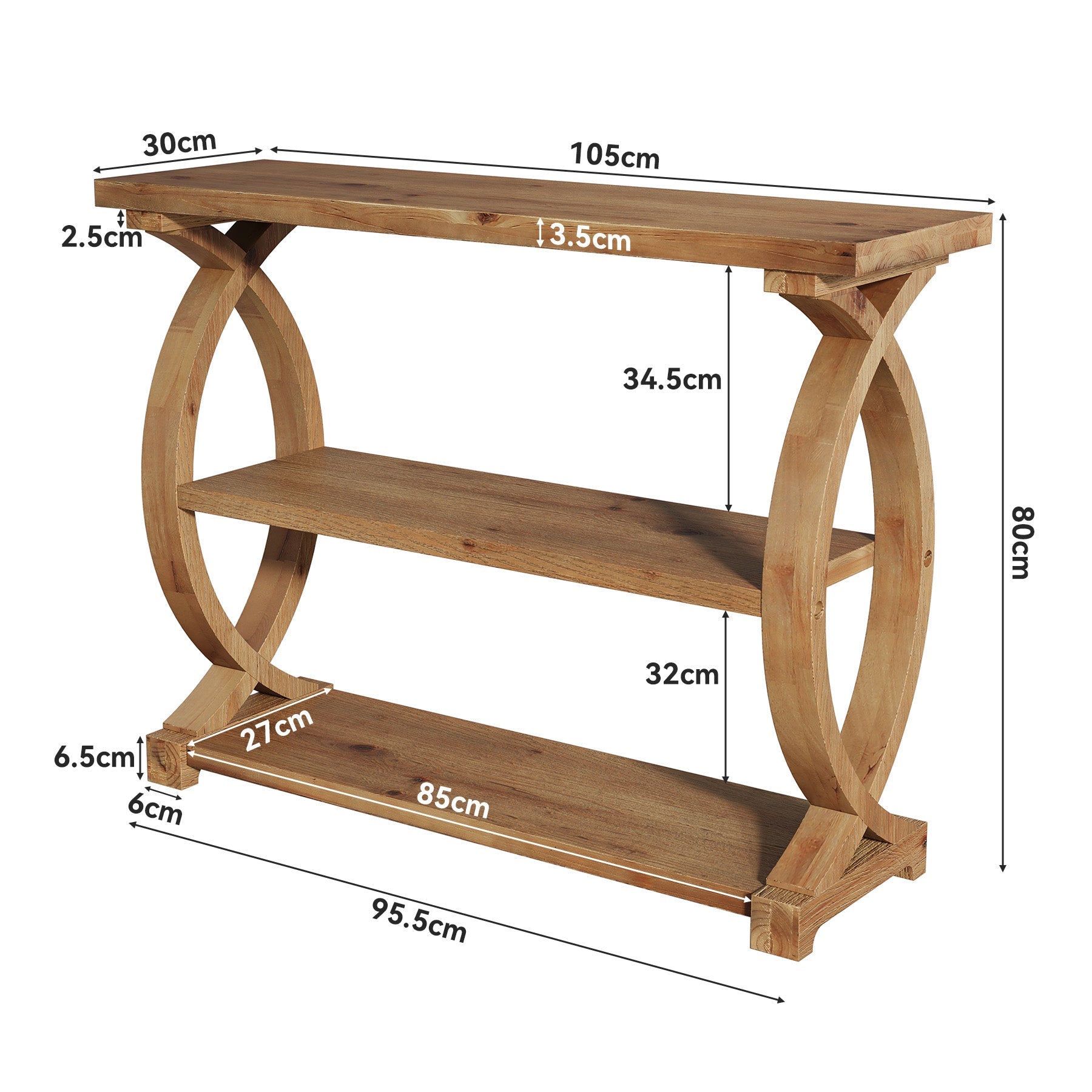 Tribesigns Consola de madera maciza de 105 cm, Mesa de sofá estrecha con 3 estantes y diseño lateral de cola de pez