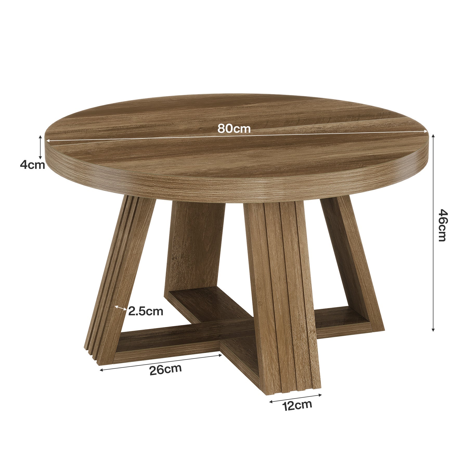 Tribesigns Mesa de centro redondade 80 cm, Estilo rústico mesa de salón con vetas de madera y estructura en cruz