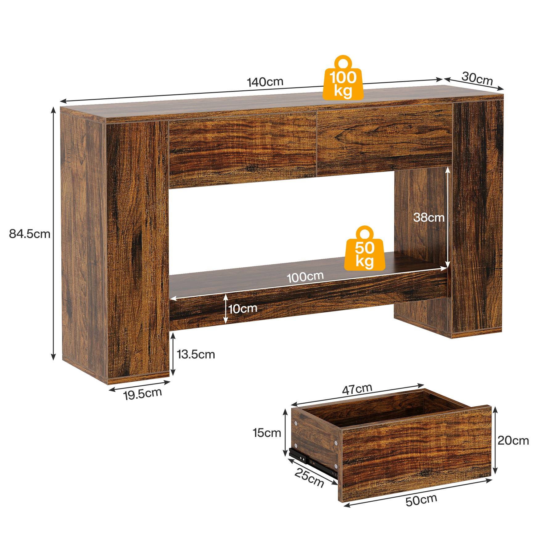 Tribesigns Consola de 140 cm, Mesa de sofá de madera de 2 niveles con 2 cajones