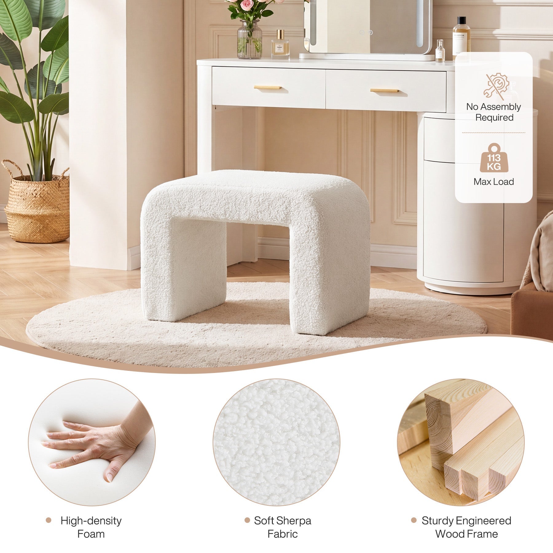 Taburete tapizado en sherpa, Taburete moderno para tocador con funda de osito de peluche