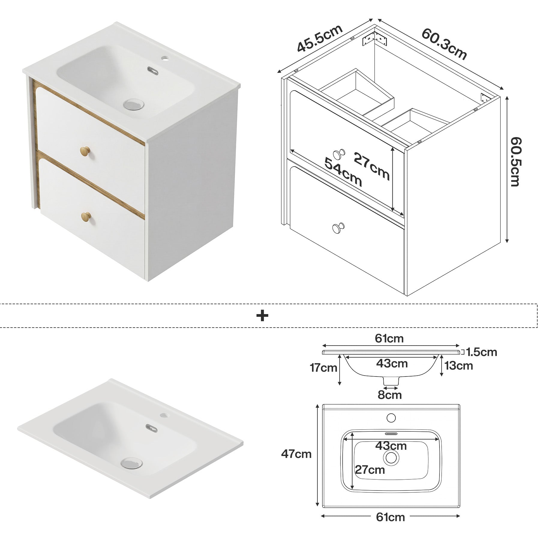 Tribesigns Mueble de baño suspendido con lavabo de cerámica, Mueble de baño moderno suspendido con puerta de cierre suave