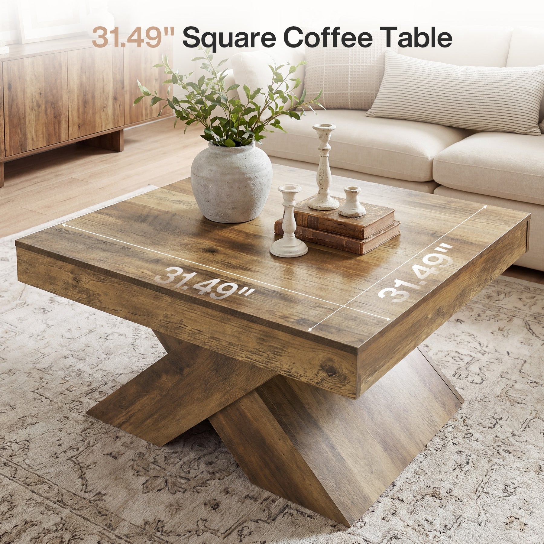 Mesa de centro cuadrada de 80 x 80 cm, Mesa de madera estilo rústico con base en forma de X para sala de estar y espacios pequeños