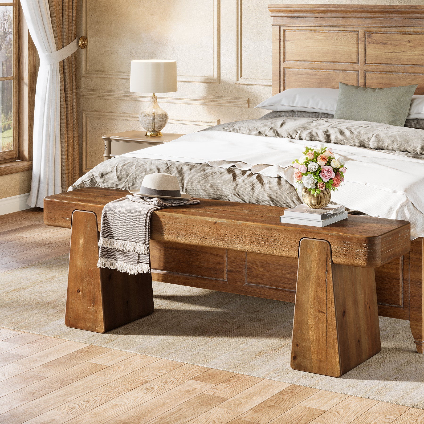 Tribesigns Banco de madera maciza 120 cm, Banco de pasillo de estilo rústico con patas reforzadas