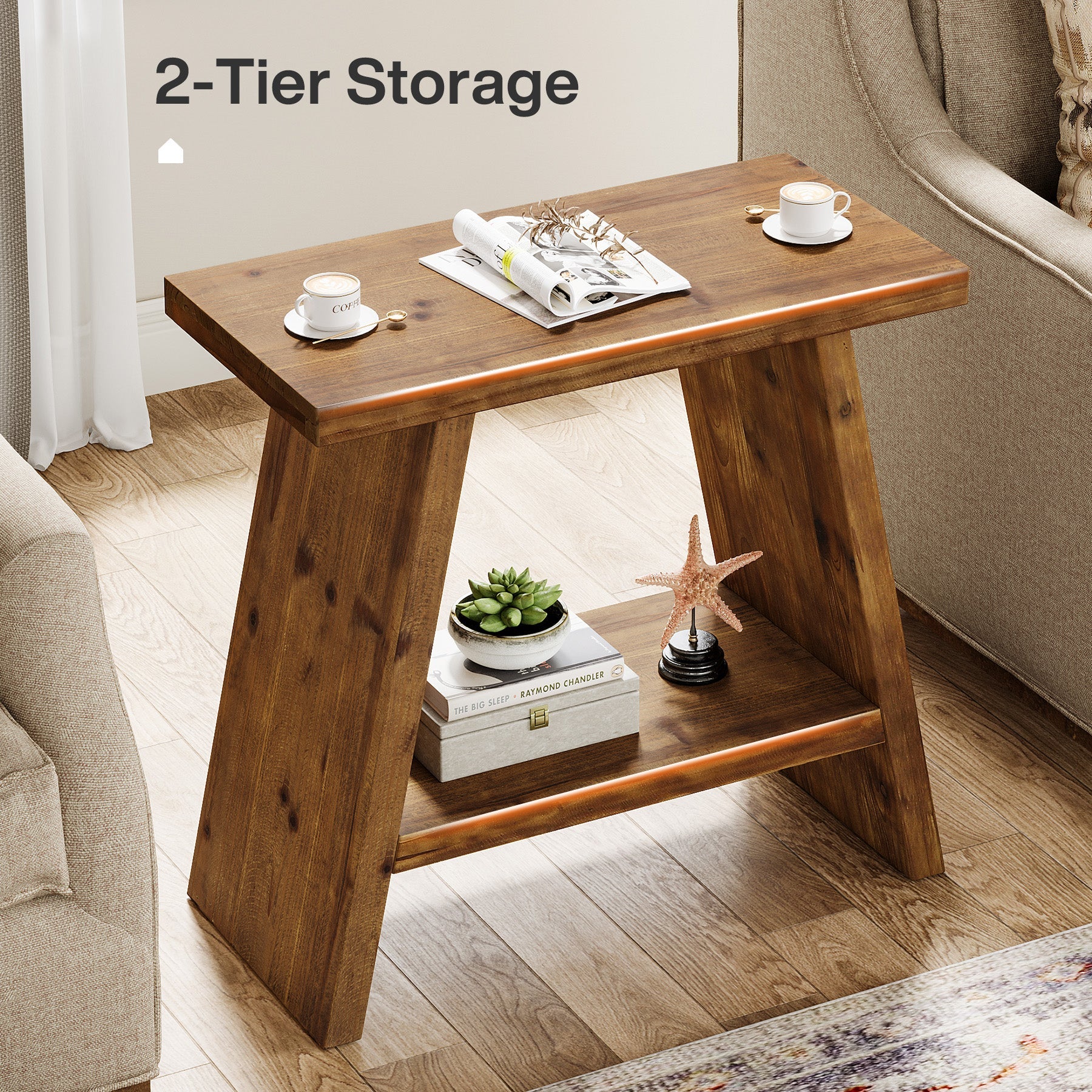 Mesita auxiliar estrecha de madera maciza de 60 x 30 cm con almacenamiento de 2 niveles, Mesita de noche rústica para salón y dormitorio