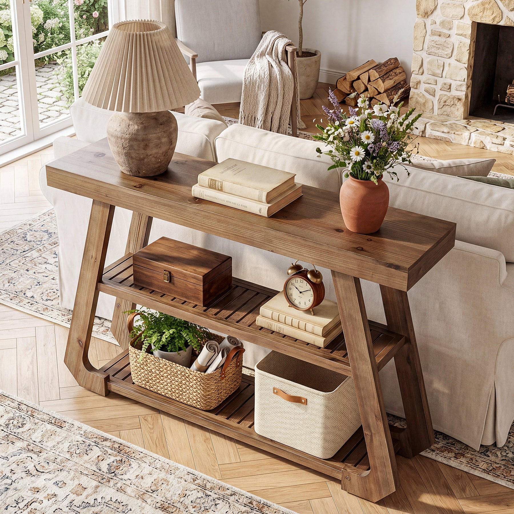 Tribesigns Consola de madera maciza de 105 cm con 3 estantes, Mesa de recibidor de estilo rústico con estructura en forma de A