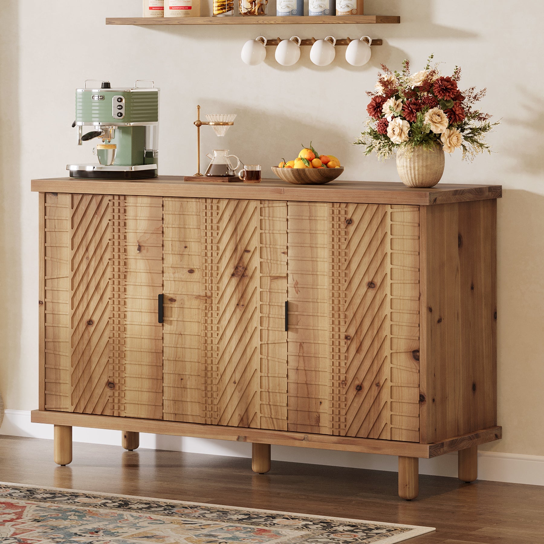 Aparador de madera maciza con espacio de almacenamiento, Vitrina de estilo rústico con 3 puertas y 2 estantes ajustables