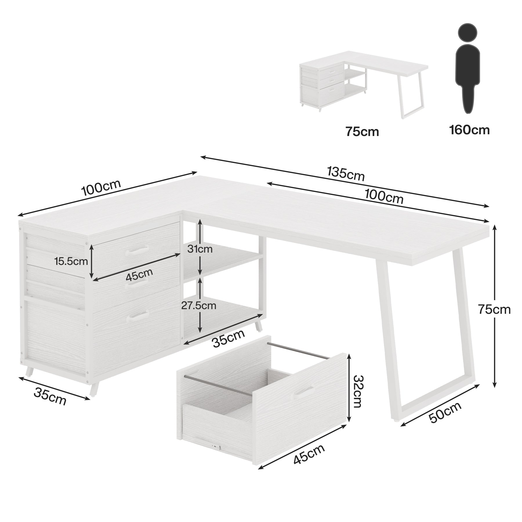 Tribesigns Escritorio para computadora reversible en forma de L con 3 cajones y estantes