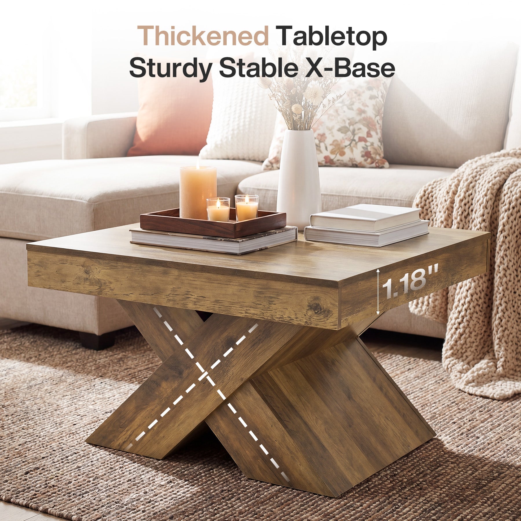 Mesa de centro cuadrada de 80 x 80 cm, Mesa de madera estilo rústico con base en forma de X para sala de estar y espacios pequeños