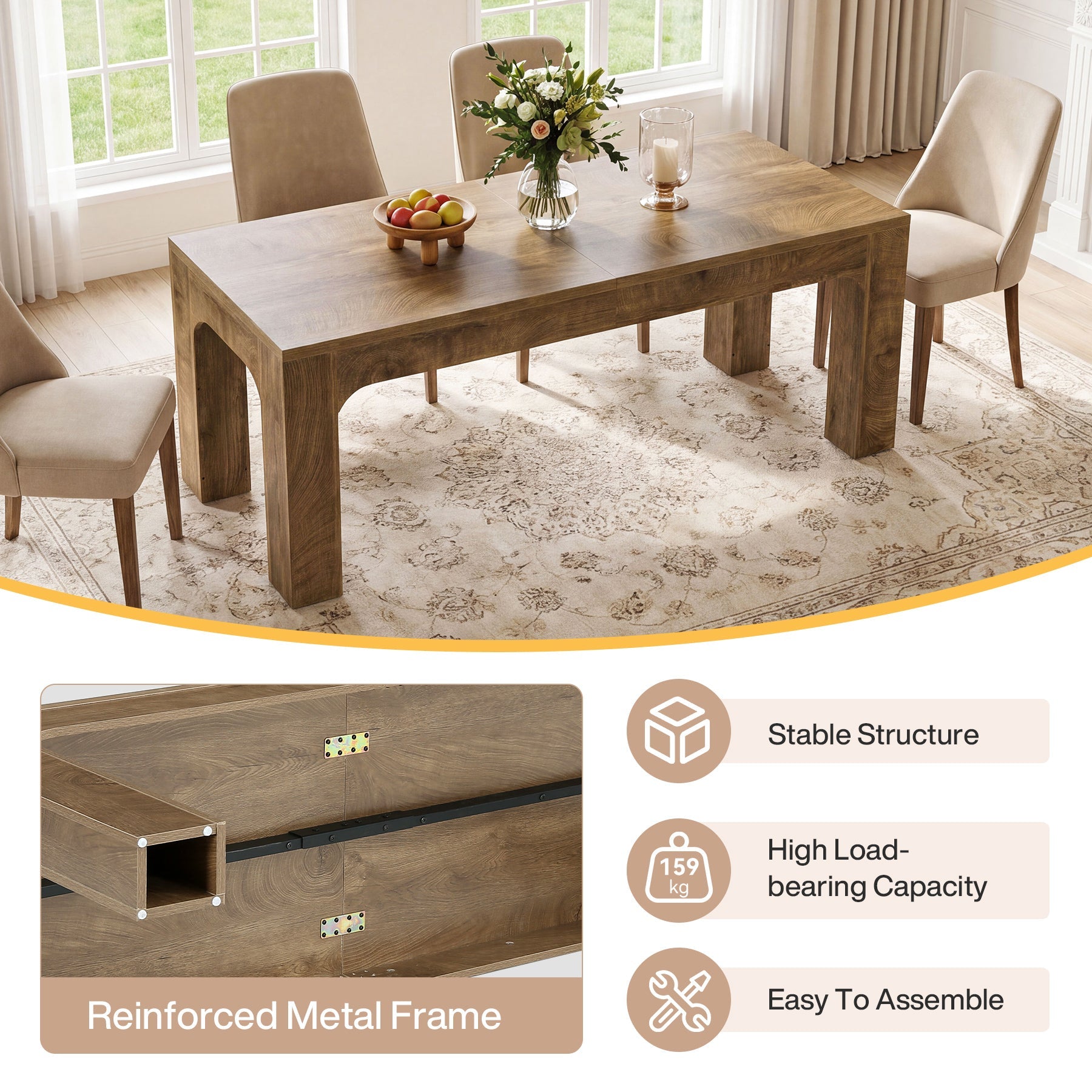 Mesa de comedor de 180 cm para 4-6 personas, Mesa de comedor rectangular de estilo rústico con patas robustas