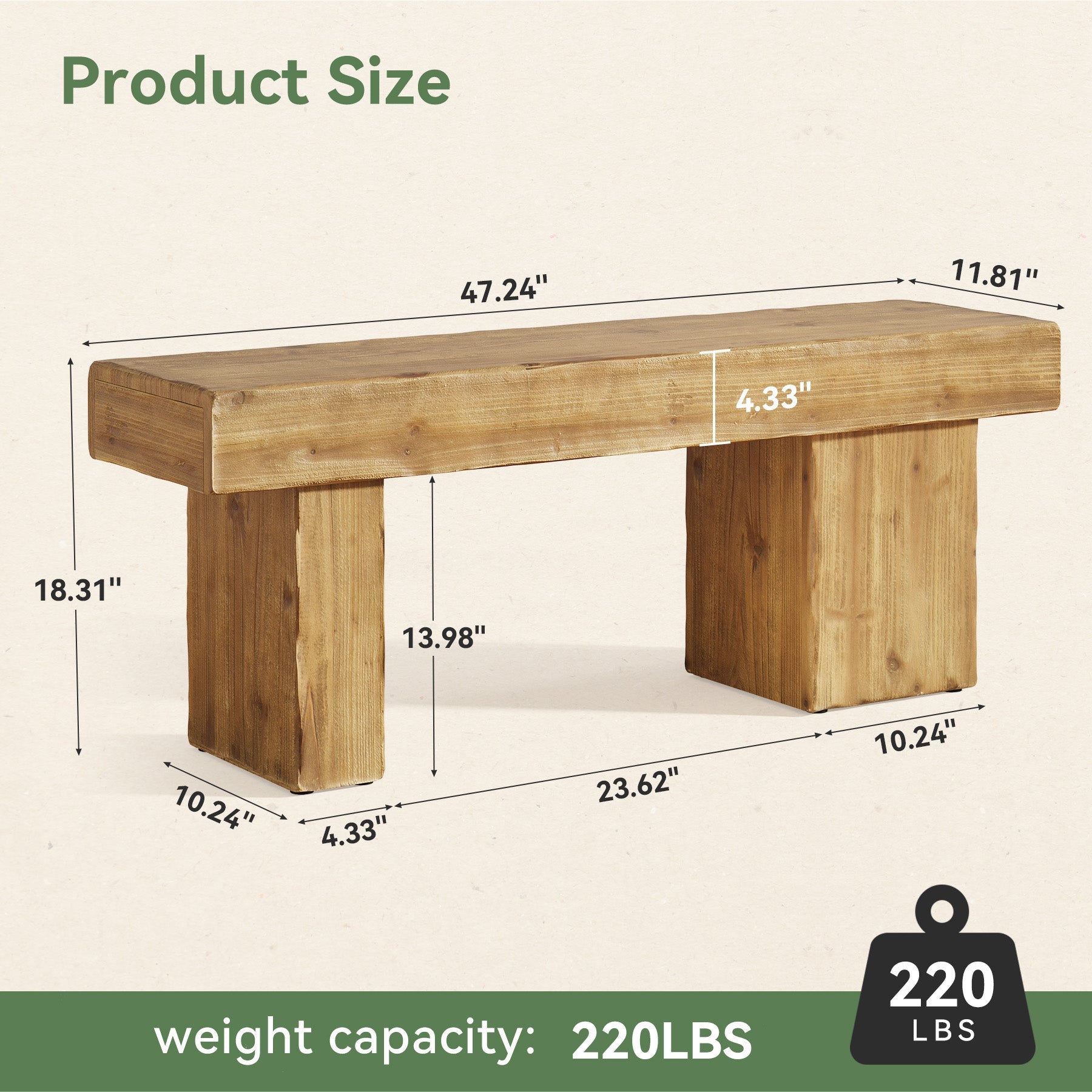 Banco de recibidor de 119 cm de madera maciza, Estilo rústico con asiento grueso