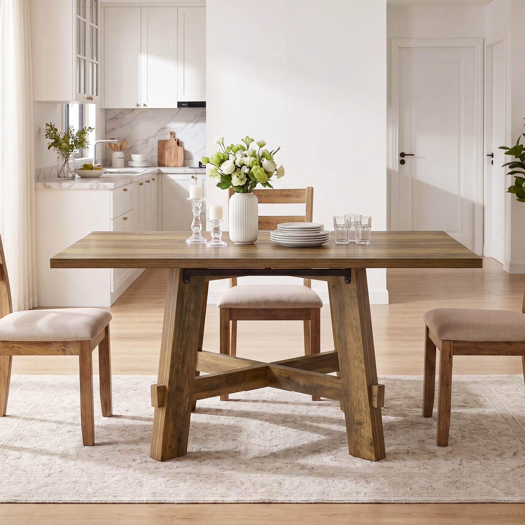 Tribesigns Mesa de comedor rústica de 140 cm para 4 personas con soporte en cruz, Mesa de cocina de madera para apartamento y comedor