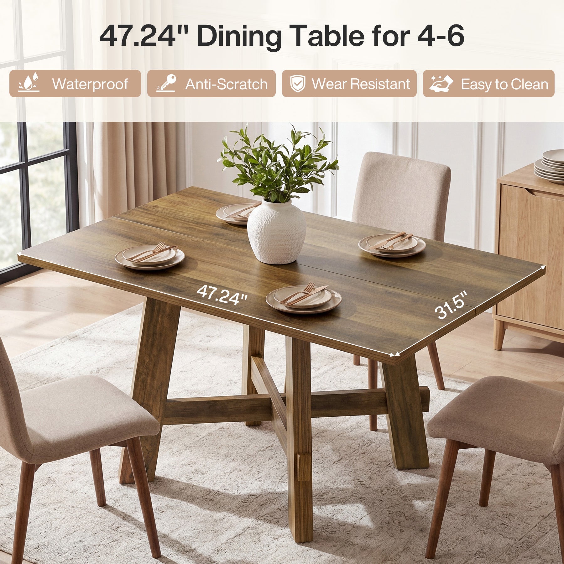Tribesigns Mesa de comedor rústica de 140 cm para 4 personas con soporte en cruz, Mesa de cocina de madera para apartamento y comedor