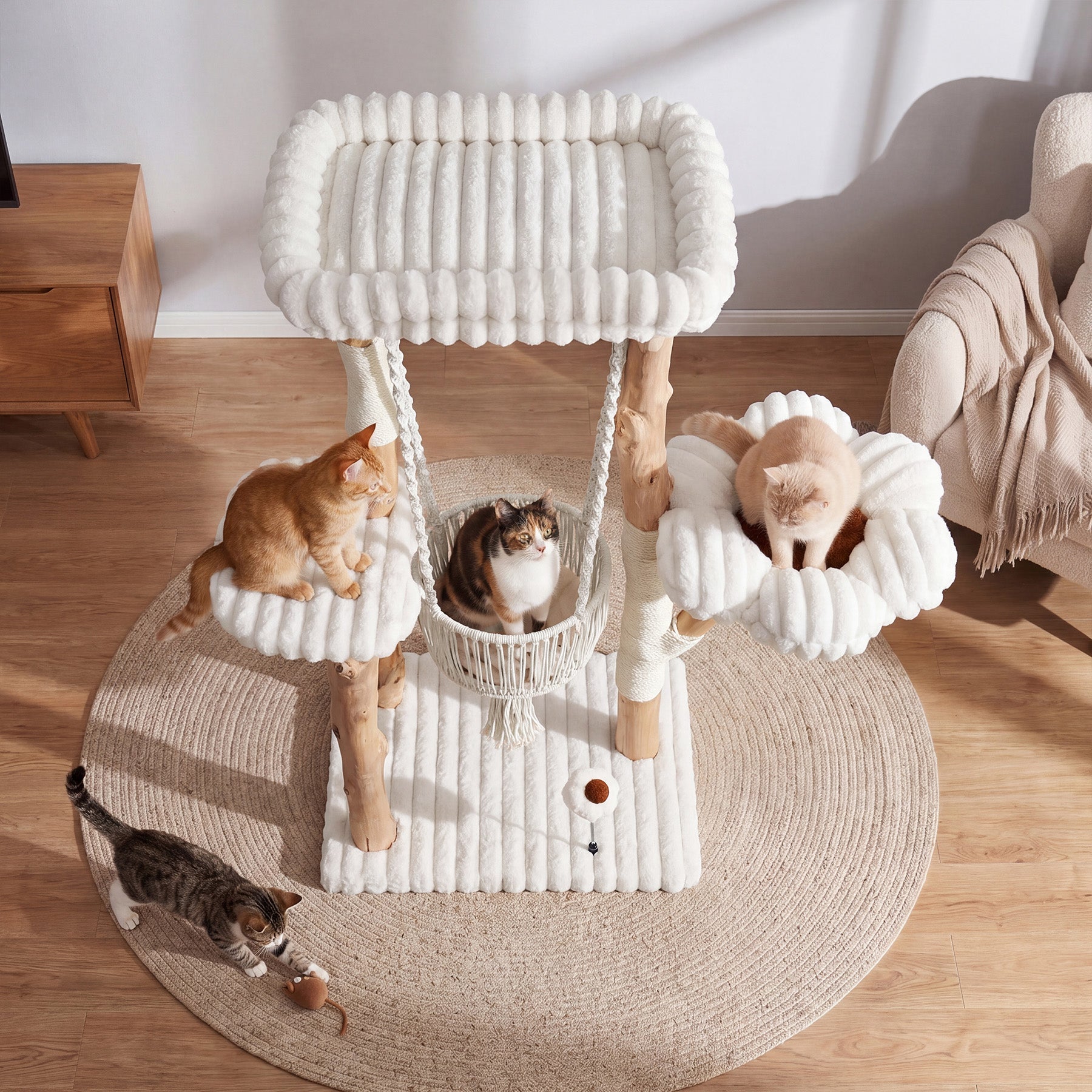 Tribesigns Árbol rascador para gatos de madera maciza, Poste rascador de 130 cm con hamaca, zonas de descanso y cojines lavables