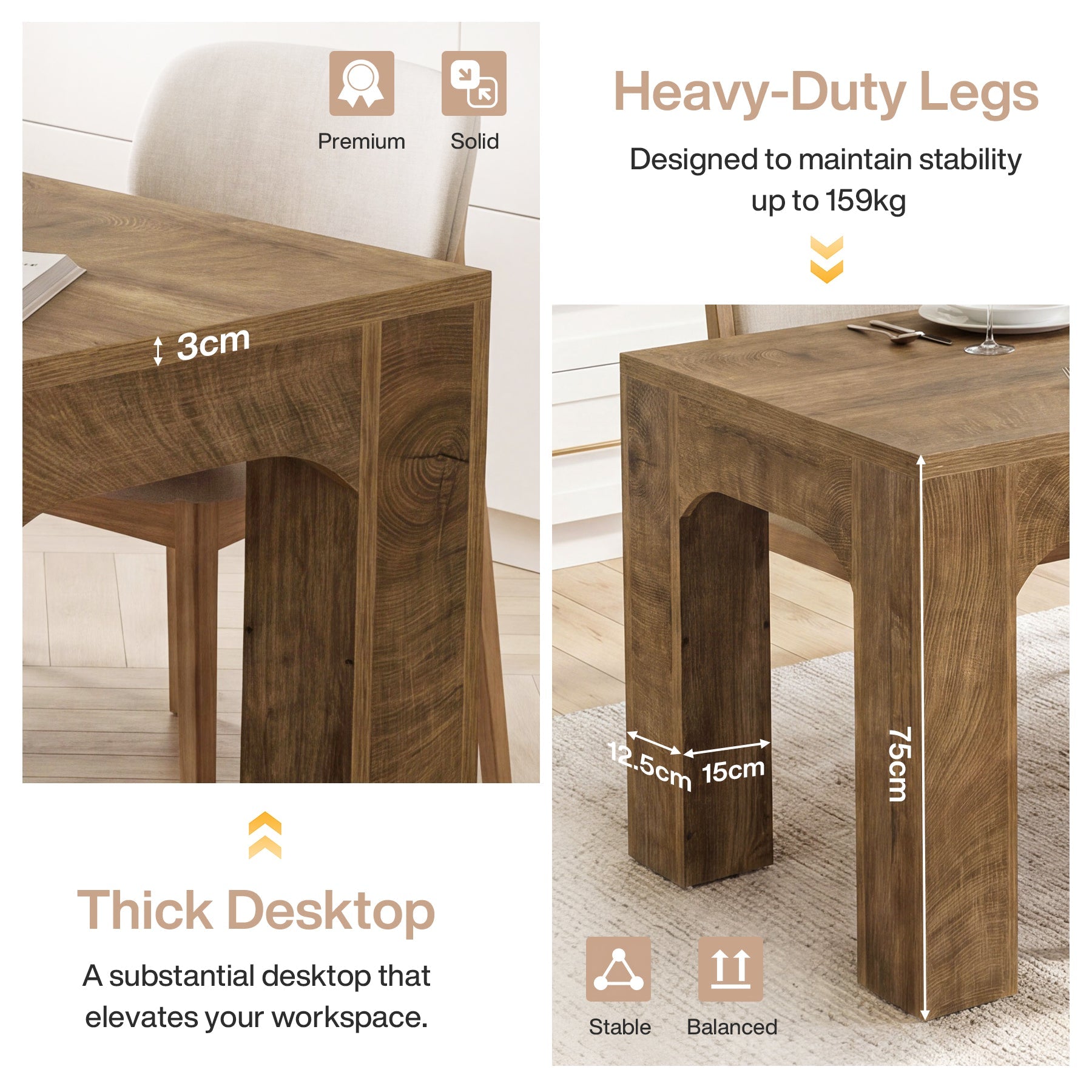 Mesa de comedor de 180 cm para 4-6 personas, Mesa de comedor rectangular de estilo rústico con patas robustas