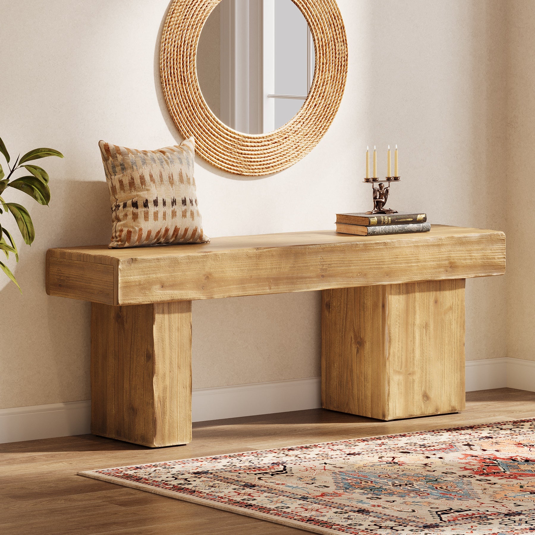 Banco de recibidor de 119 cm de madera maciza, Estilo rústico con asiento grueso