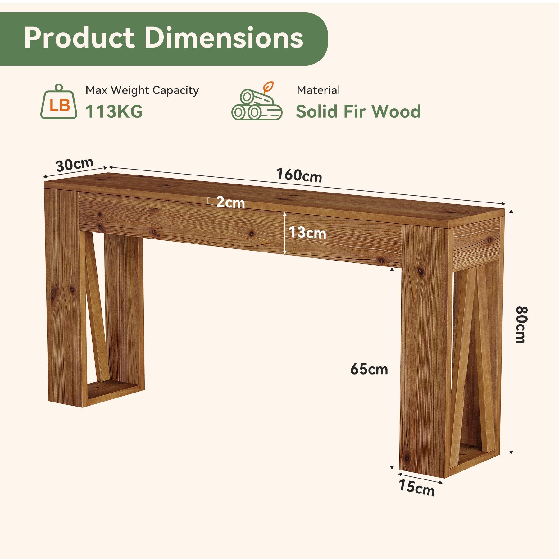 Tribesigns Massiver Konsolentisch 160 cm aus Tannenholz, schmaler Flurtisch im Landhausstil
