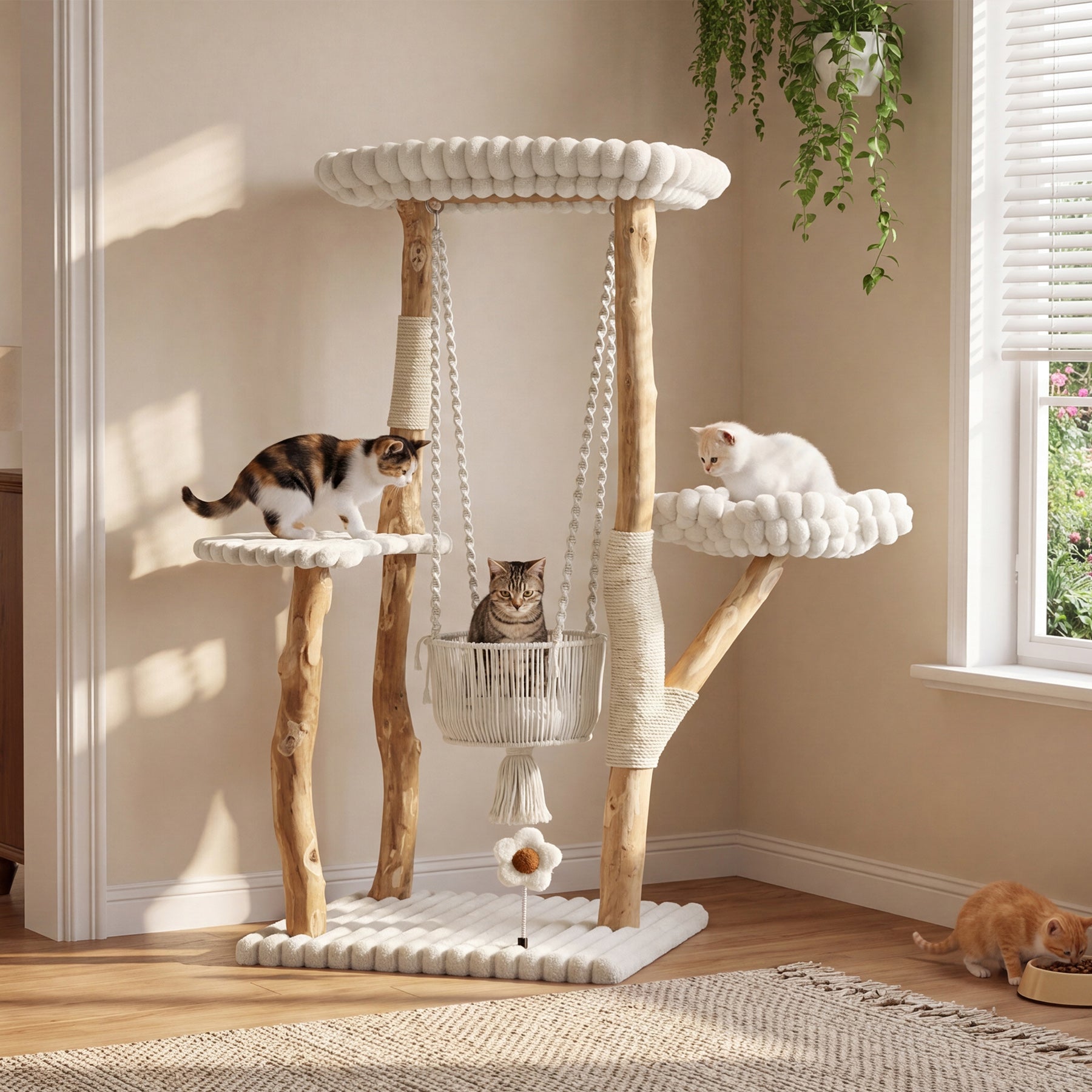 Tribesigns Árbol rascador para gatos de madera maciza, Poste rascador de 130 cm con hamaca, zonas de descanso y cojines lavables