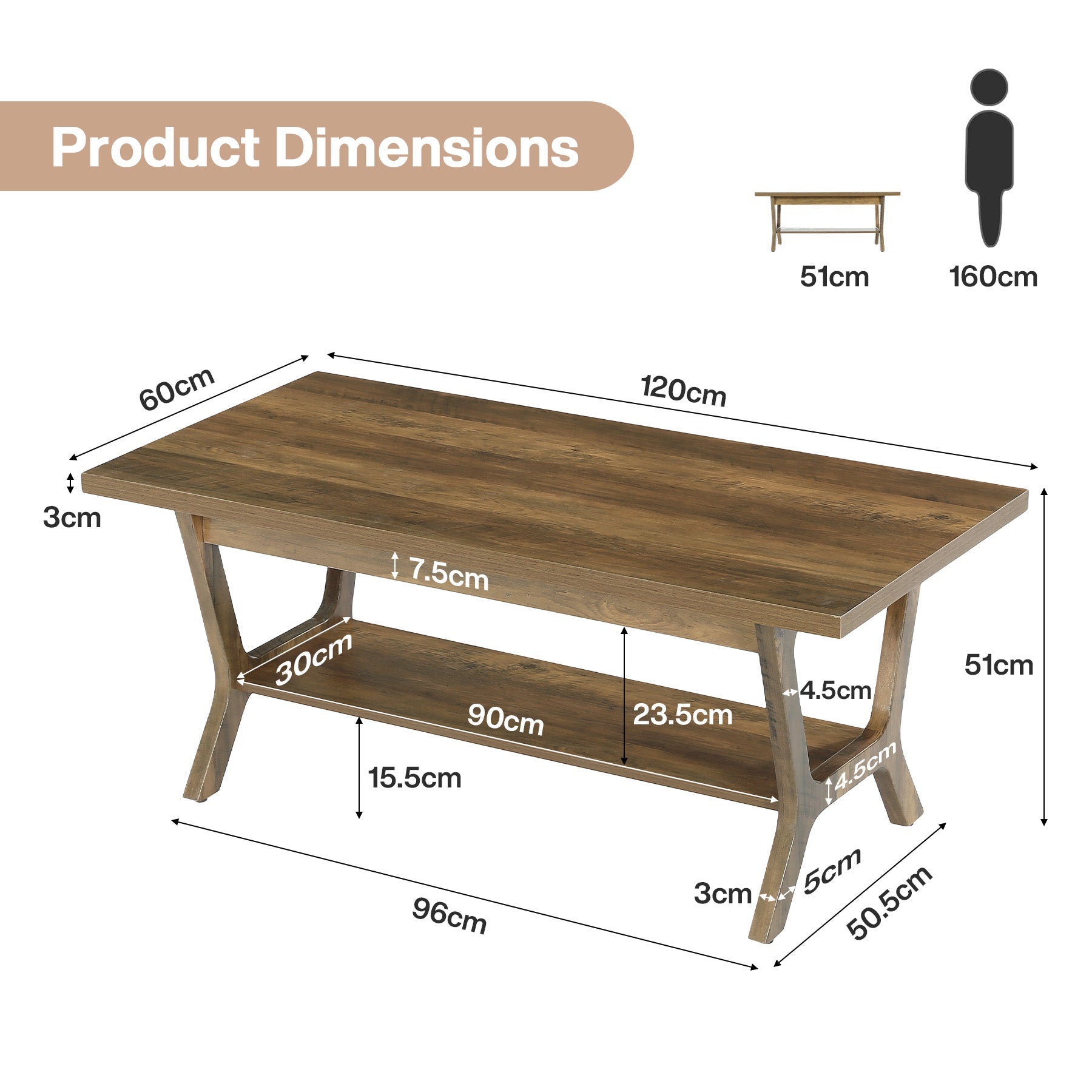 Tribesigns Mesa de centro de 120 cm con estante, Mesa rectangular para salón