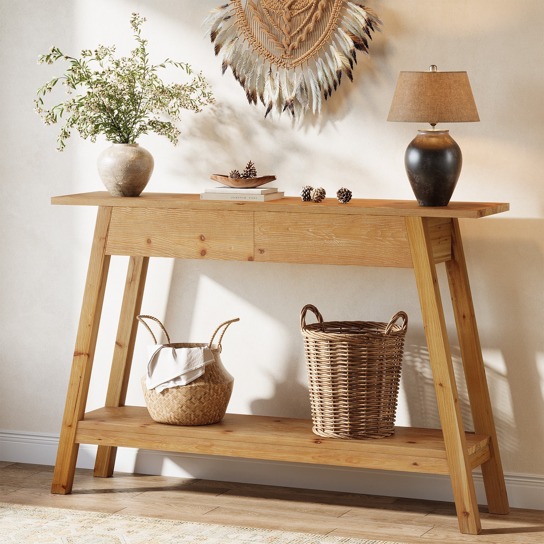 Tribesigns Mesa consola de madera maciza 110 cm con 2 cajones, Mesa estrecha para pasillo con estante