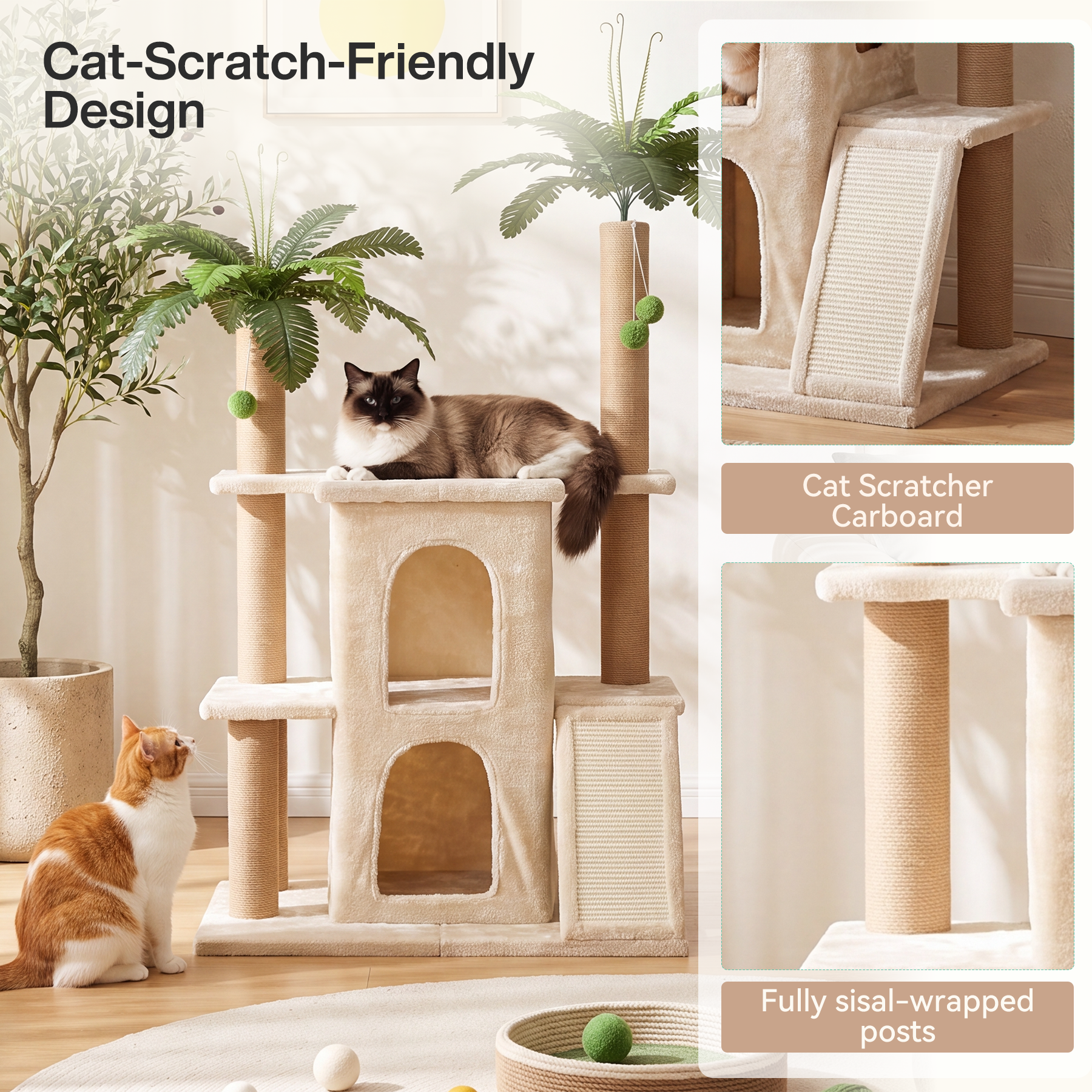 Tribesigns Rascador con 2 casitas de felpa para gatos y postes de sisal árbol alto para varios gatos de interior