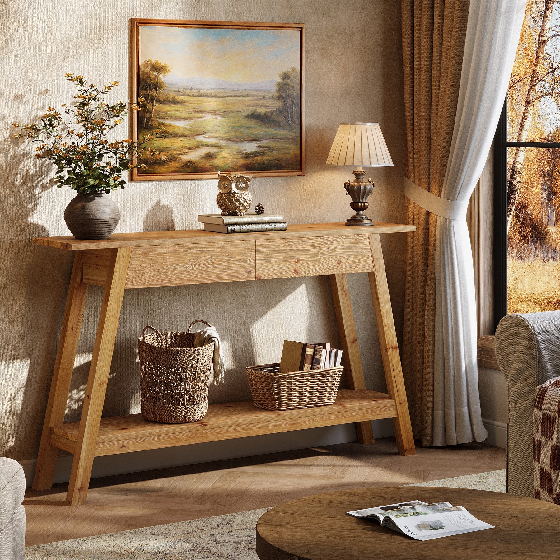 Tribesigns Mesa consola de madera maciza 110 cm con 2 cajones, Mesa estrecha para pasillo con estante