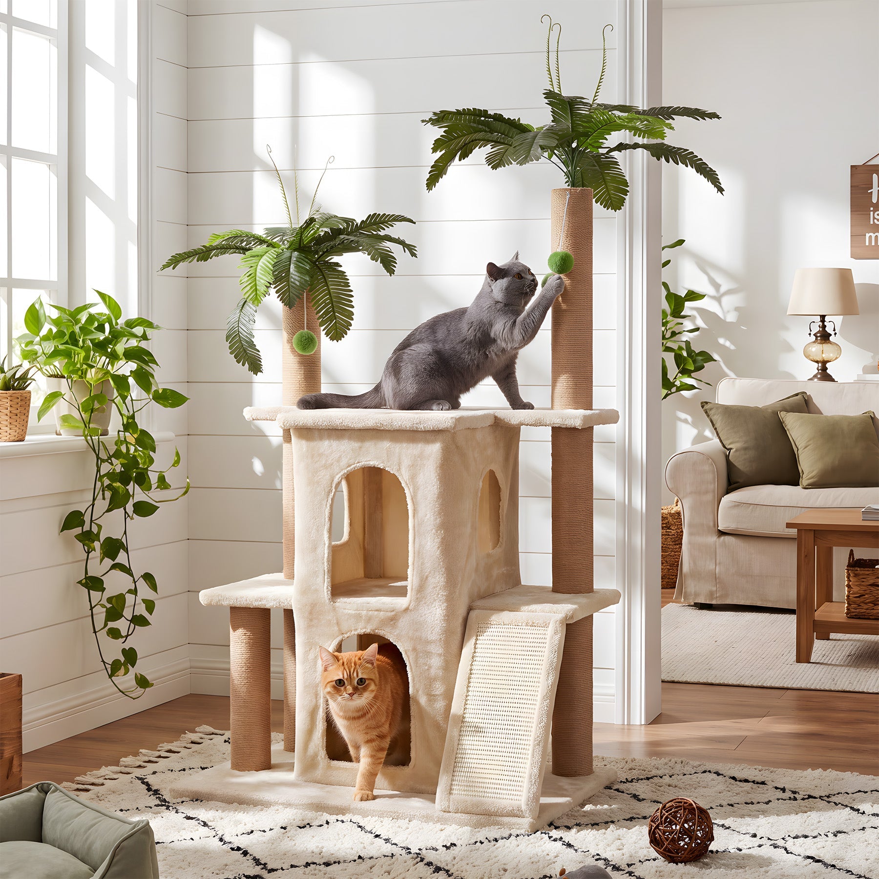 Tribesigns Rascador con 2 casitas de felpa para gatos y postes de sisal árbol alto para varios gatos de interior