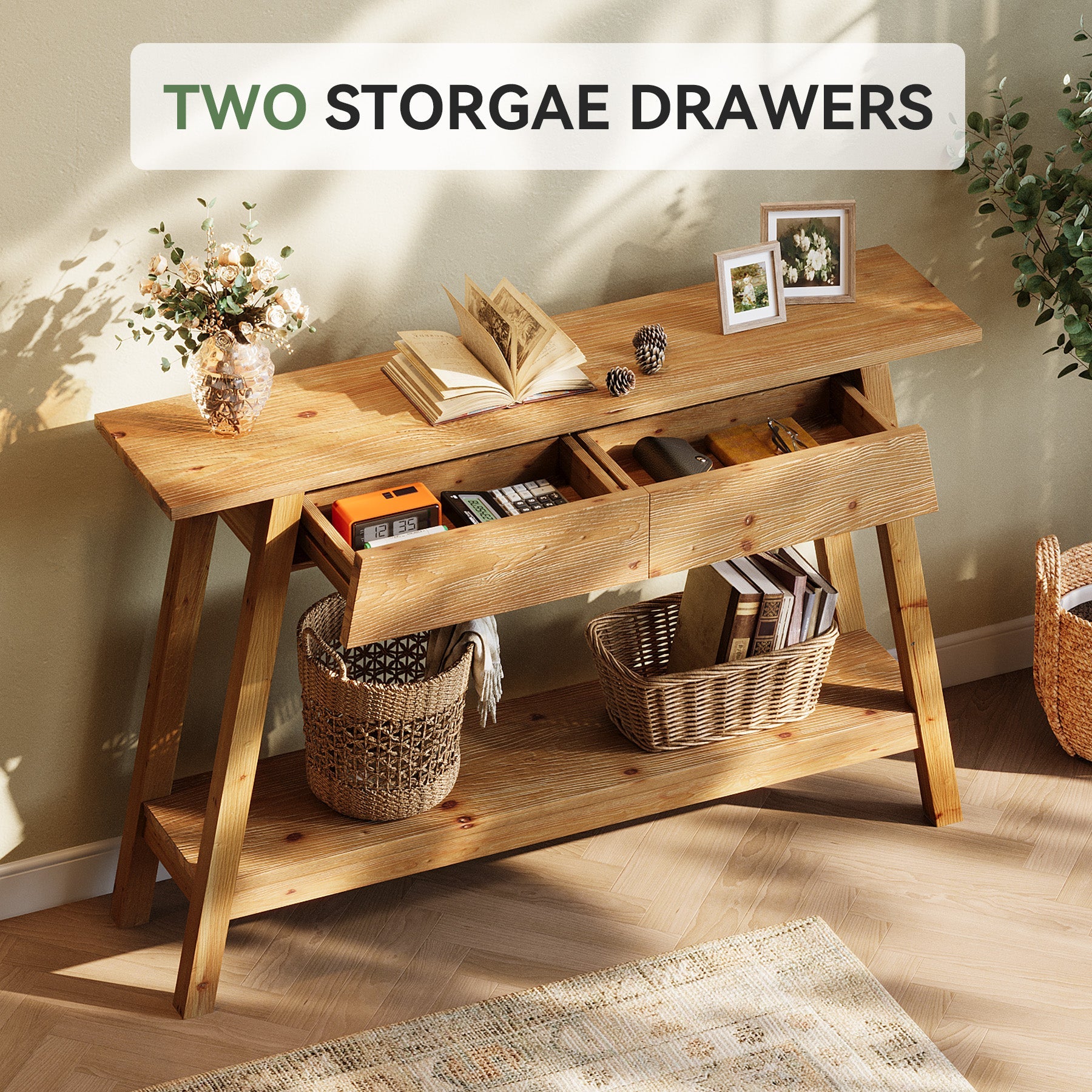 Tribesigns Mesa consola de madera maciza 110 cm con 2 cajones, Mesa estrecha para pasillo con estante
