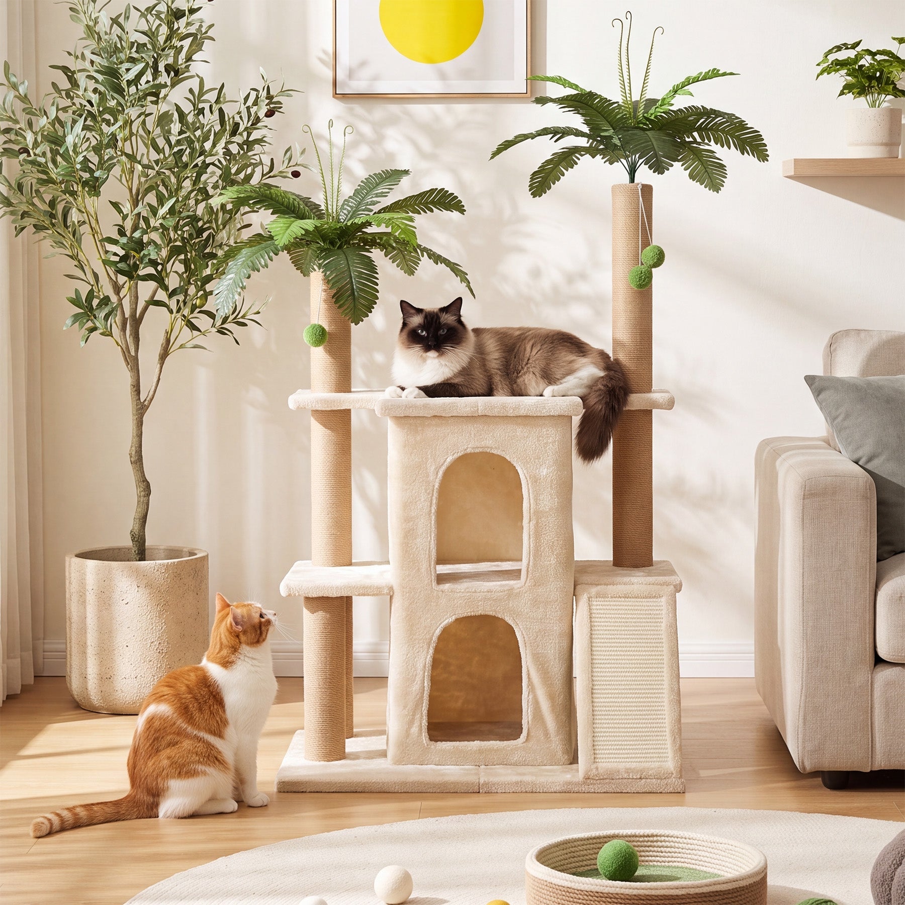Tribesigns Rascador con 2 casitas de felpa para gatos y postes de sisal árbol alto para varios gatos de interior