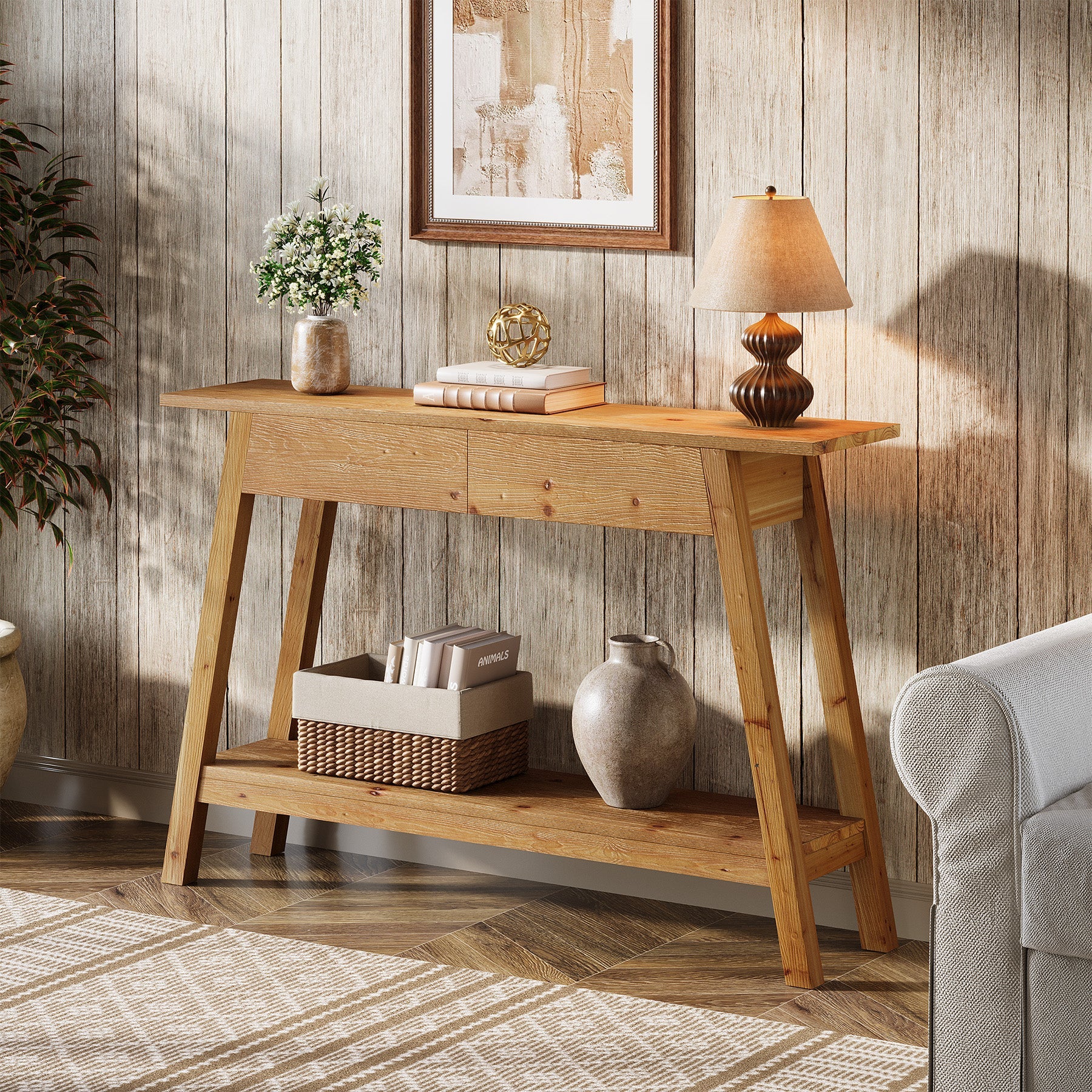 Tribesigns Mesa consola de madera maciza 110 cm con 2 cajones, Mesa estrecha para pasillo con estante