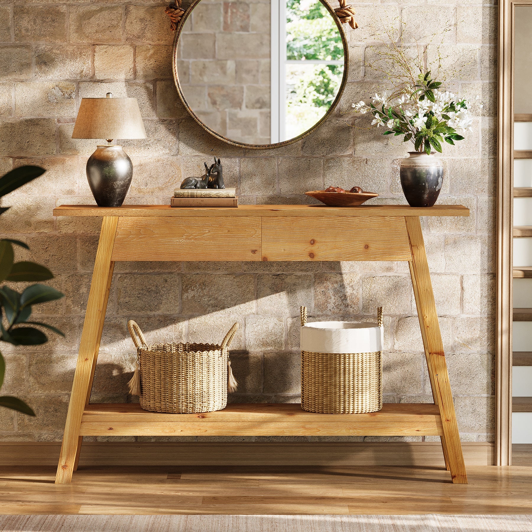 Tribesigns Mesa consola de madera maciza 110 cm con 2 cajones, Mesa estrecha para pasillo con estante