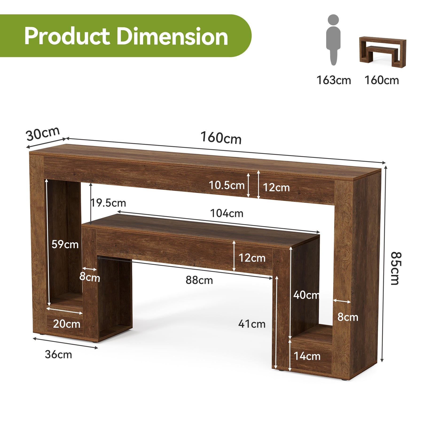 Tribesigns Mesa consola estrecha de 160 cm, Mesa de sofá rústica con 2 niveles