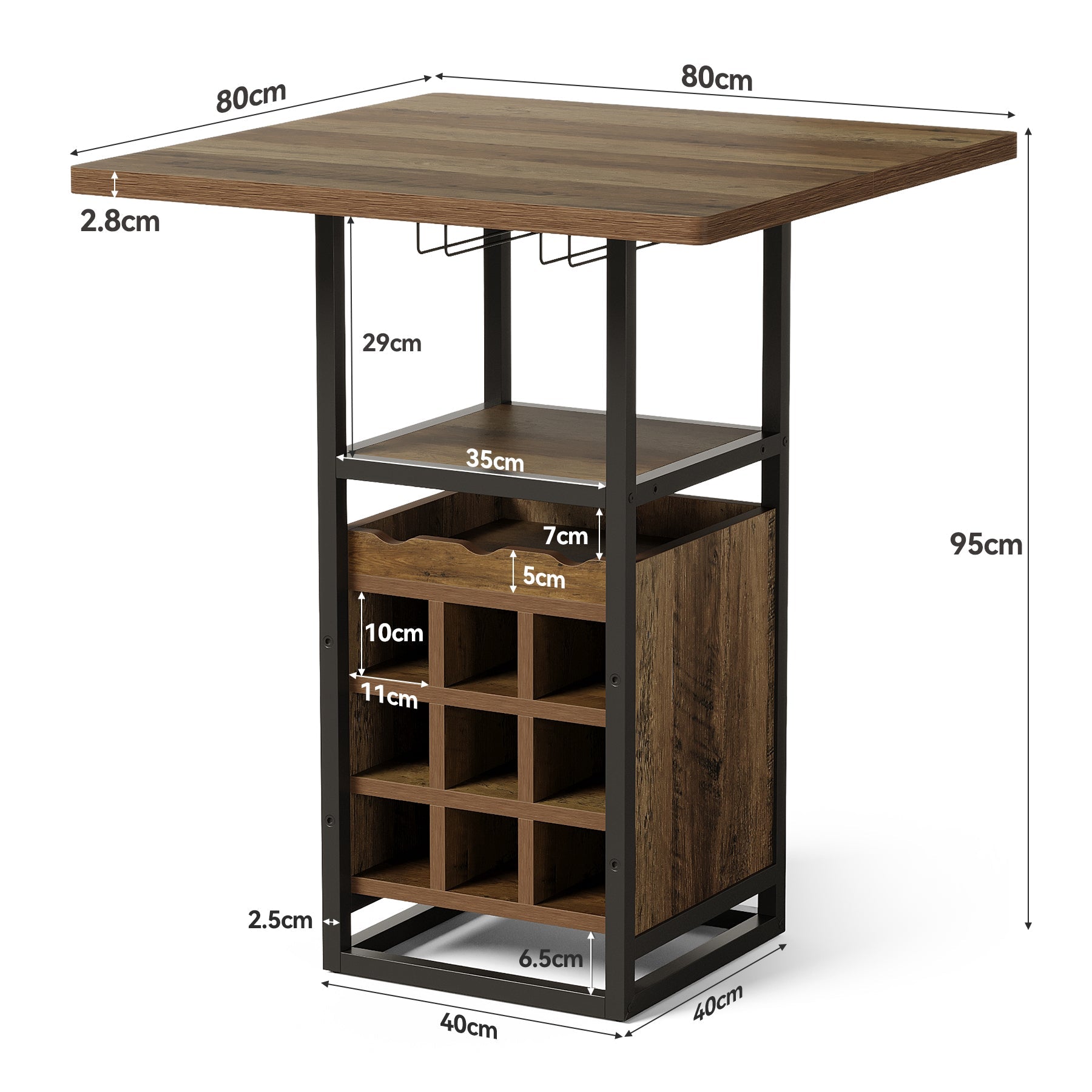 Tribesigns Mesa de bar de 95 cm con almacenamiento, Mesa de bistró estrecha con estantes, botellero y soporte para copas