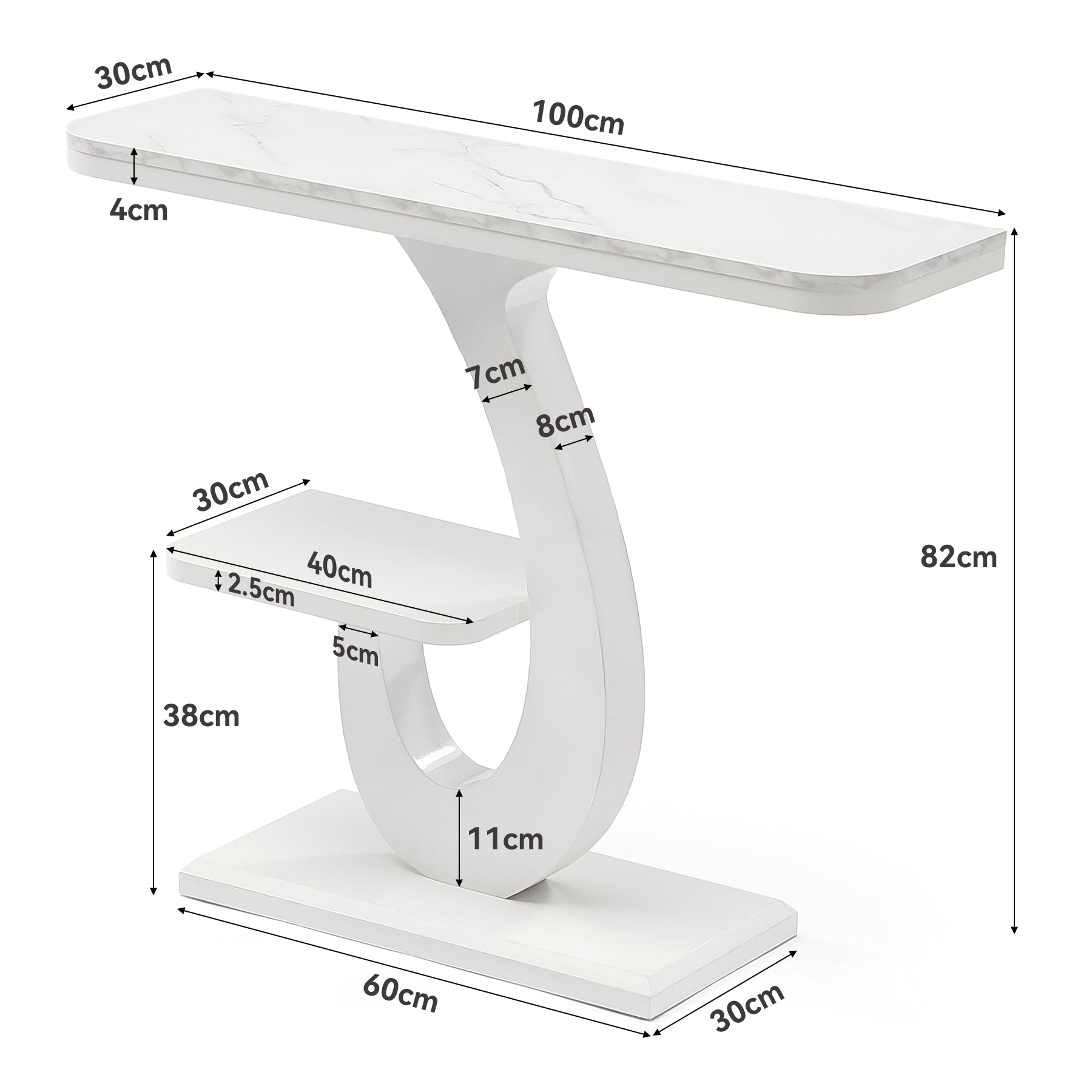 Consola blanca de 100 cm, Mesa estrecha para recibidor con efecto mármol y estante