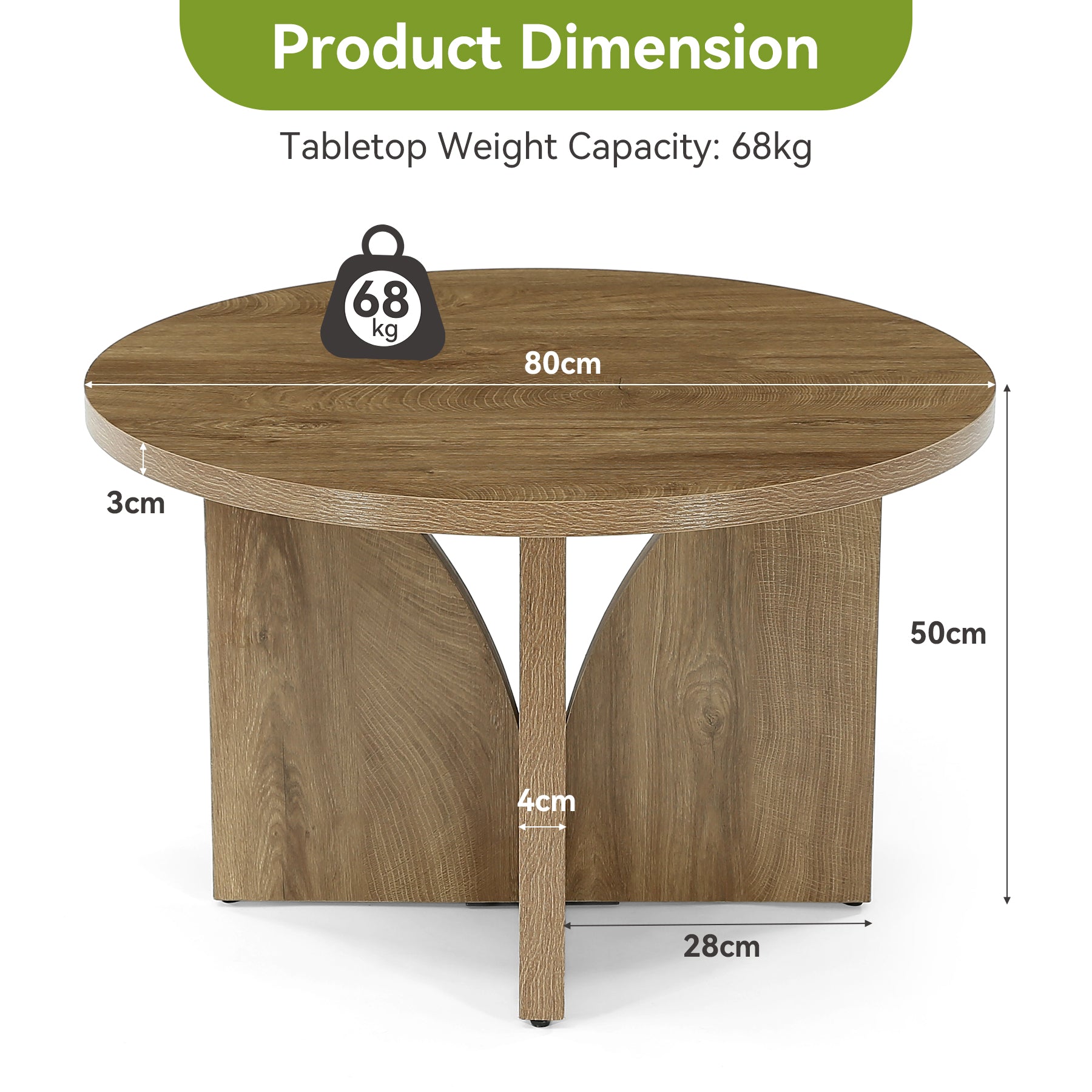 Mesa de centro redonda de 80 cm, Mesa de salón moderna de color marrón para espacios pequeños