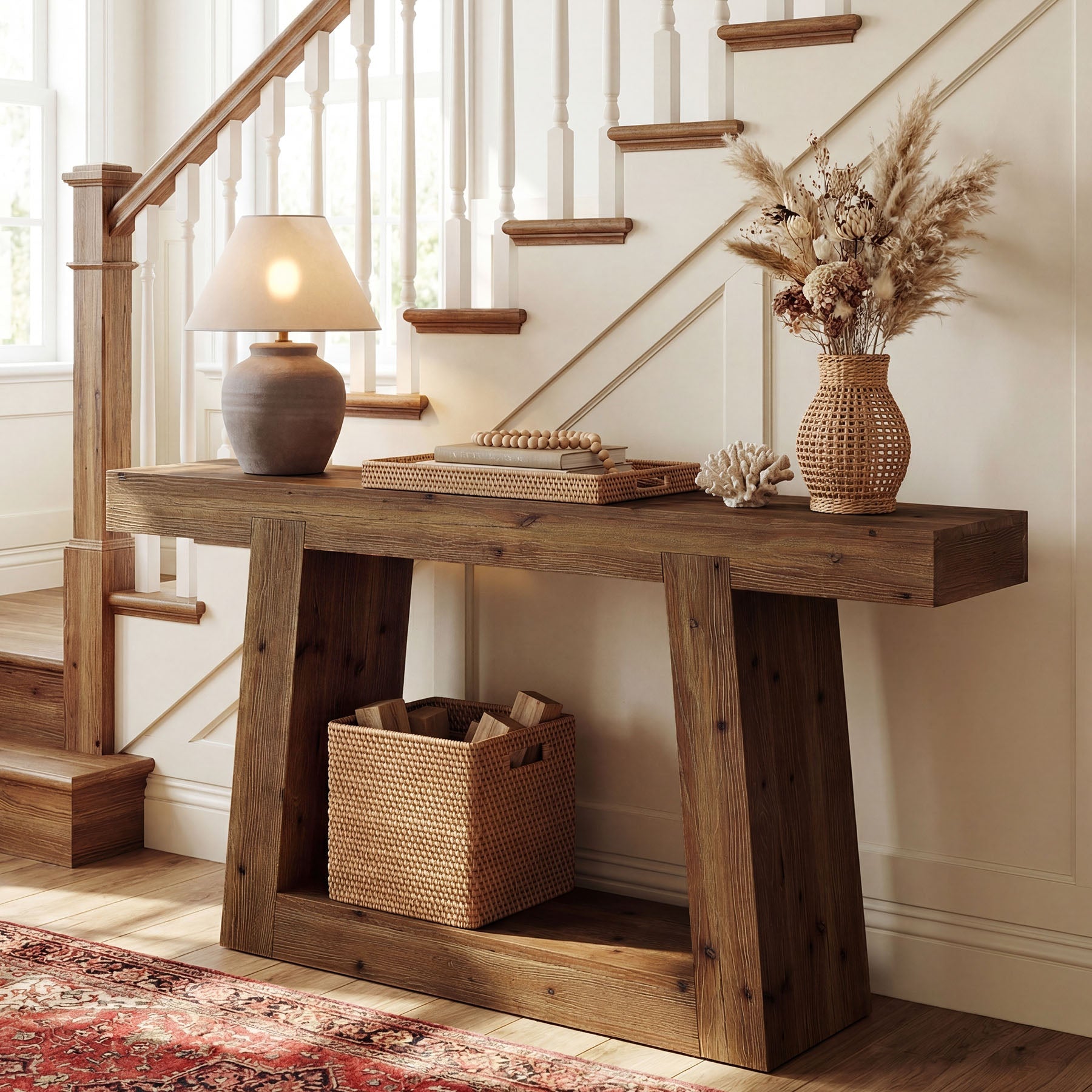 Tribesigns Mesa consola estrecha de madera maciza, Mesa de recibidor de 140 cm con 2 estantes