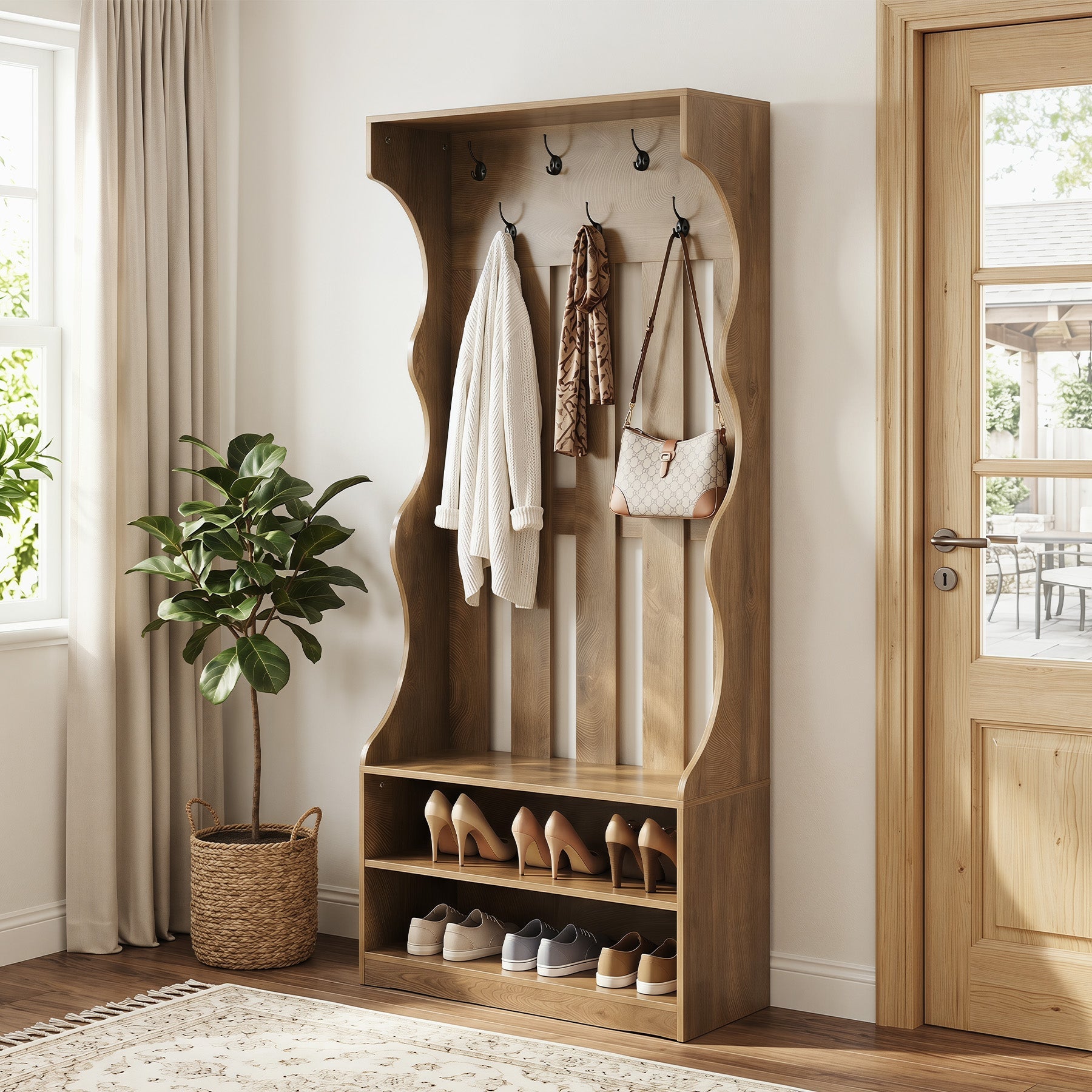 Tribesigns Mueble de recibidor 3 en 1 de 180 cm con perchero y banco para zapatos, Banco de entrada marrón con 7 ganchos