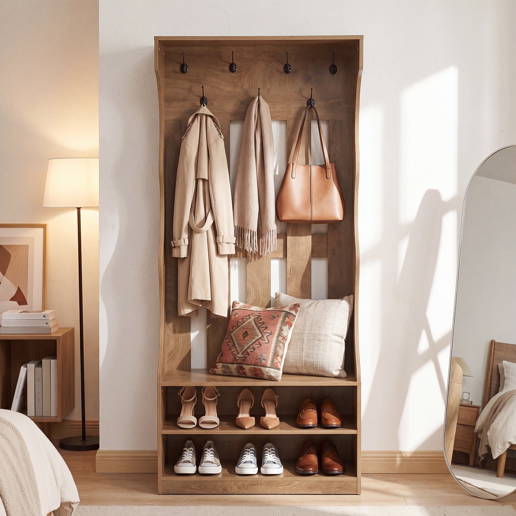 Tribesigns Mueble de recibidor 3 en 1 de 180 cm con perchero y banco para zapatos, Banco de entrada marrón con 7 ganchos