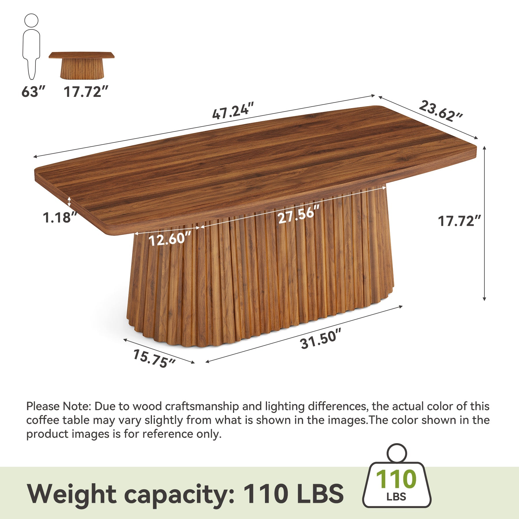 Tribesigns Mesa de centro rectangular de 120 cm con base plisada