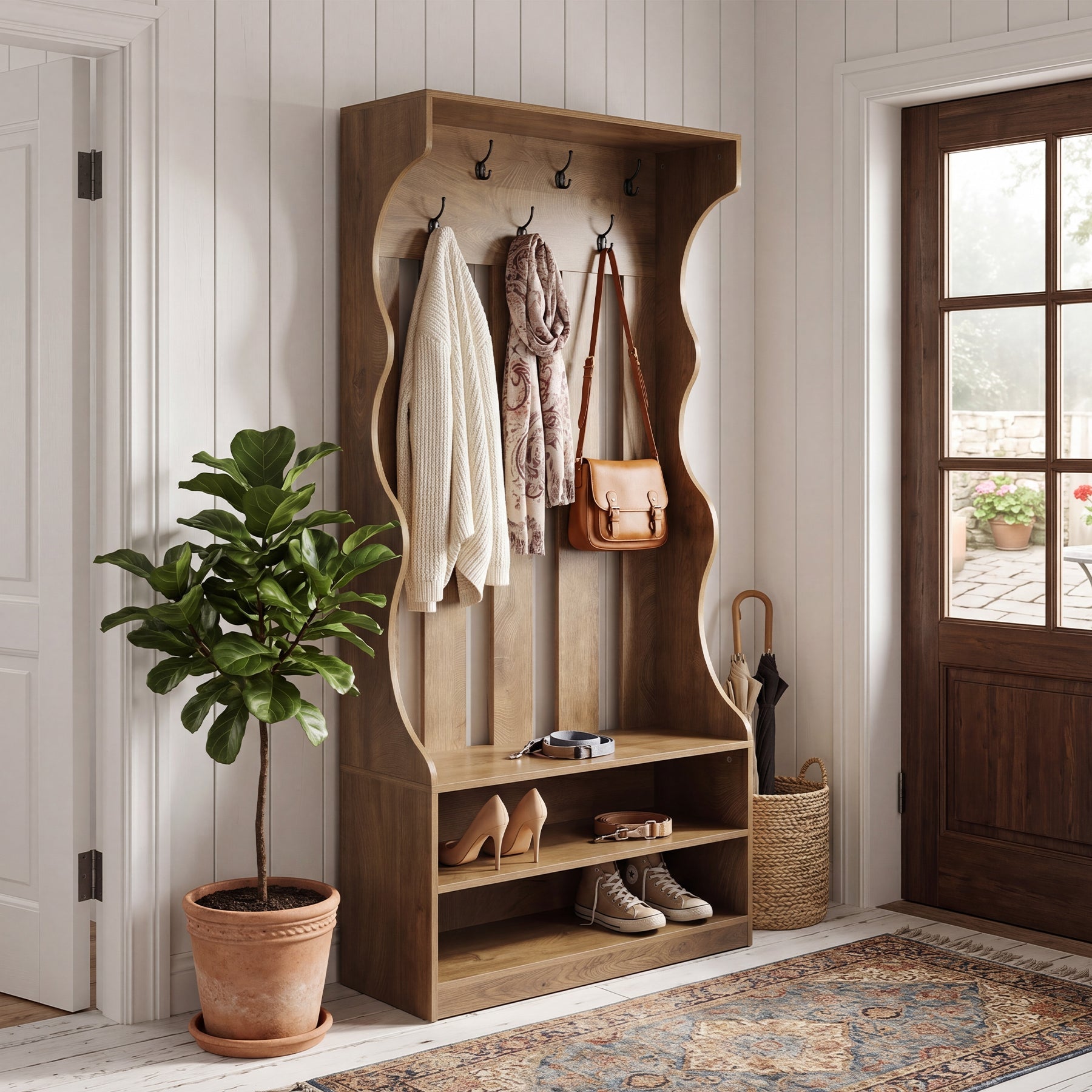 Tribesigns Mueble de recibidor 3 en 1 de 180 cm con perchero y banco para zapatos, Banco de entrada marrón con 7 ganchos