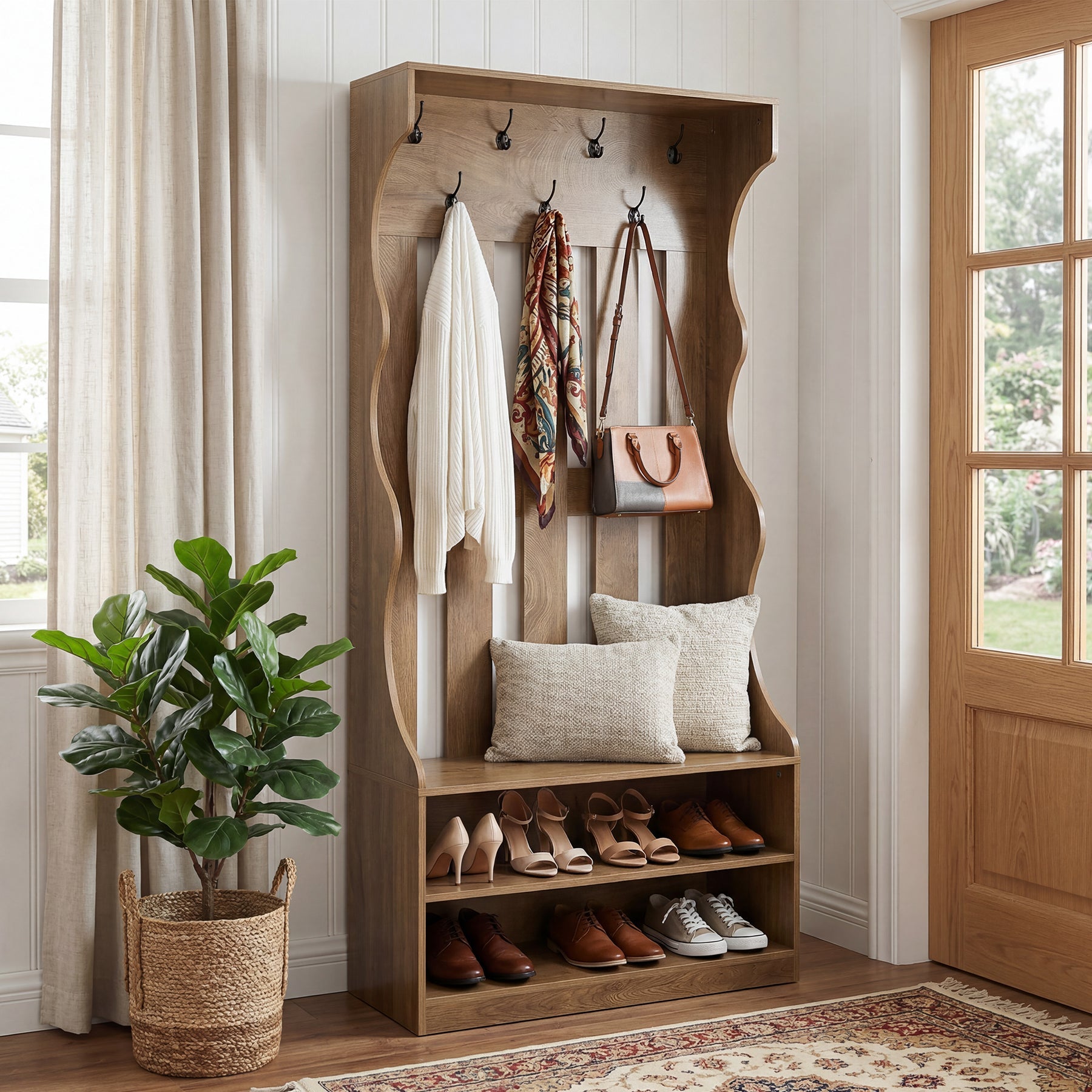 Tribesigns Mueble de recibidor 3 en 1 de 180 cm con perchero y banco para zapatos, Banco de entrada marrón con 7 ganchos