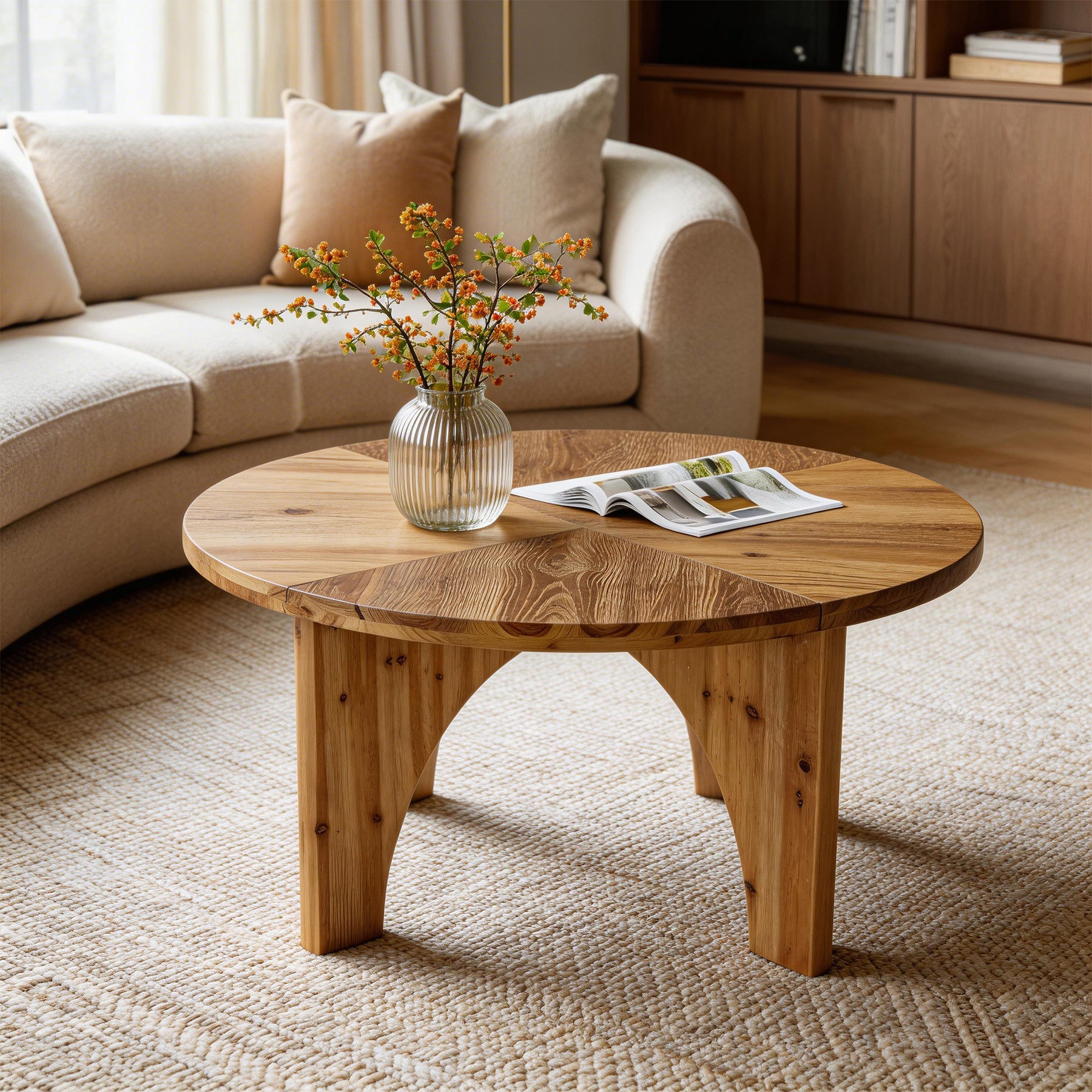 Tribeigns Mesa de centro redonda de madera maciza 80 cm, Mesa de salón de estilo rústico con patas curvas