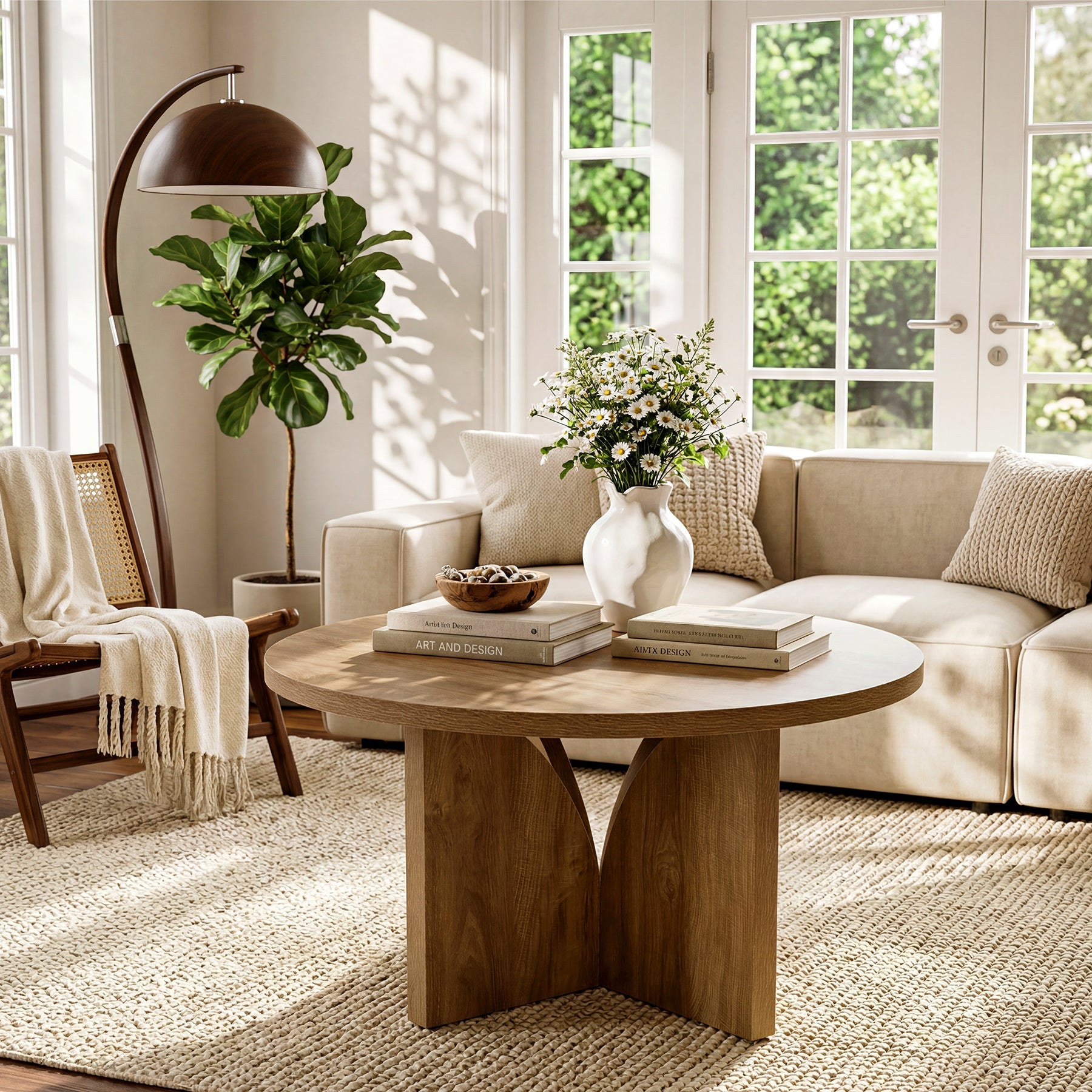 Mesa de centro redonda de 80 cm, Mesa de salón moderna de color marrón para espacios pequeños