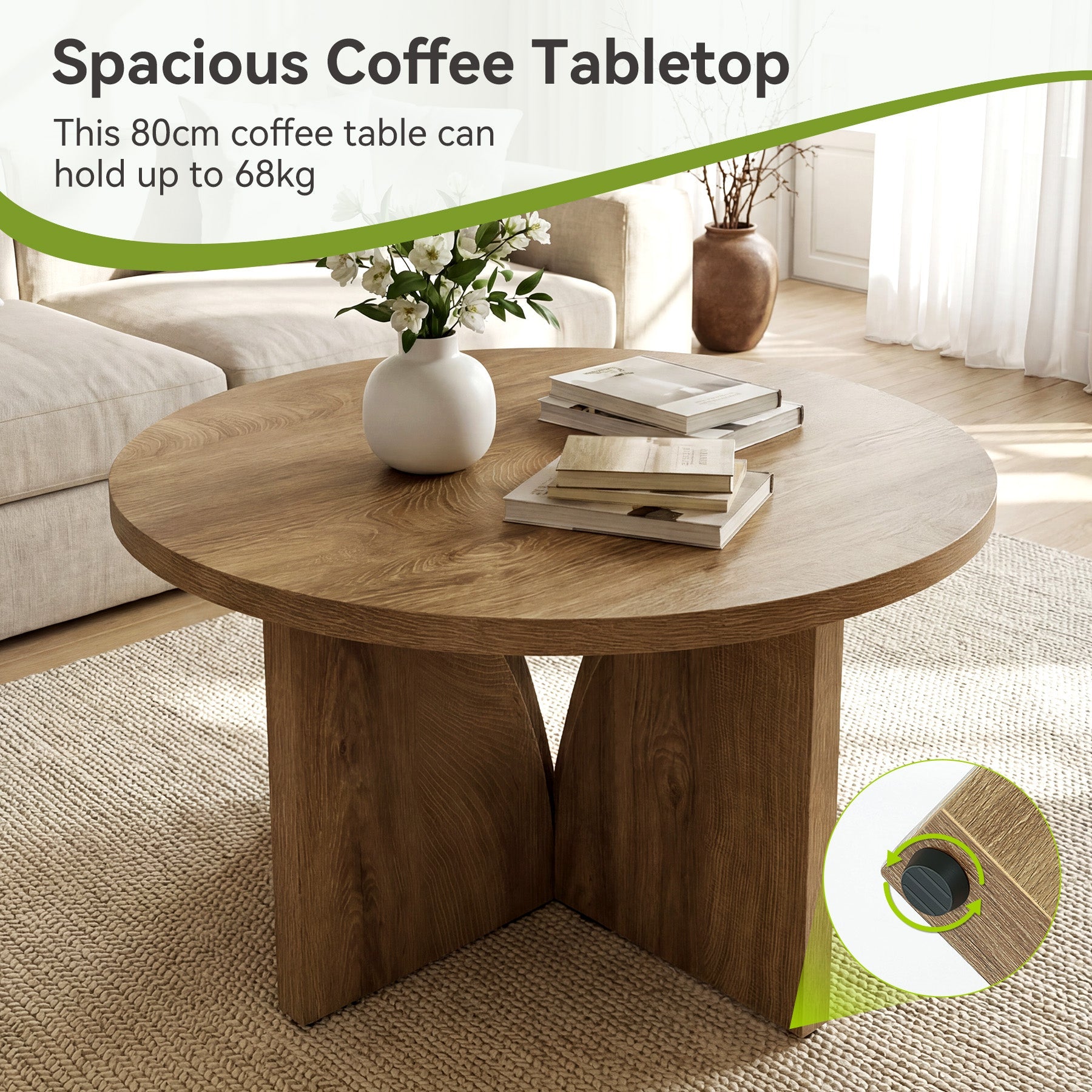 Mesa de centro redonda de 80 cm, Mesa de salón moderna de color marrón para espacios pequeños
